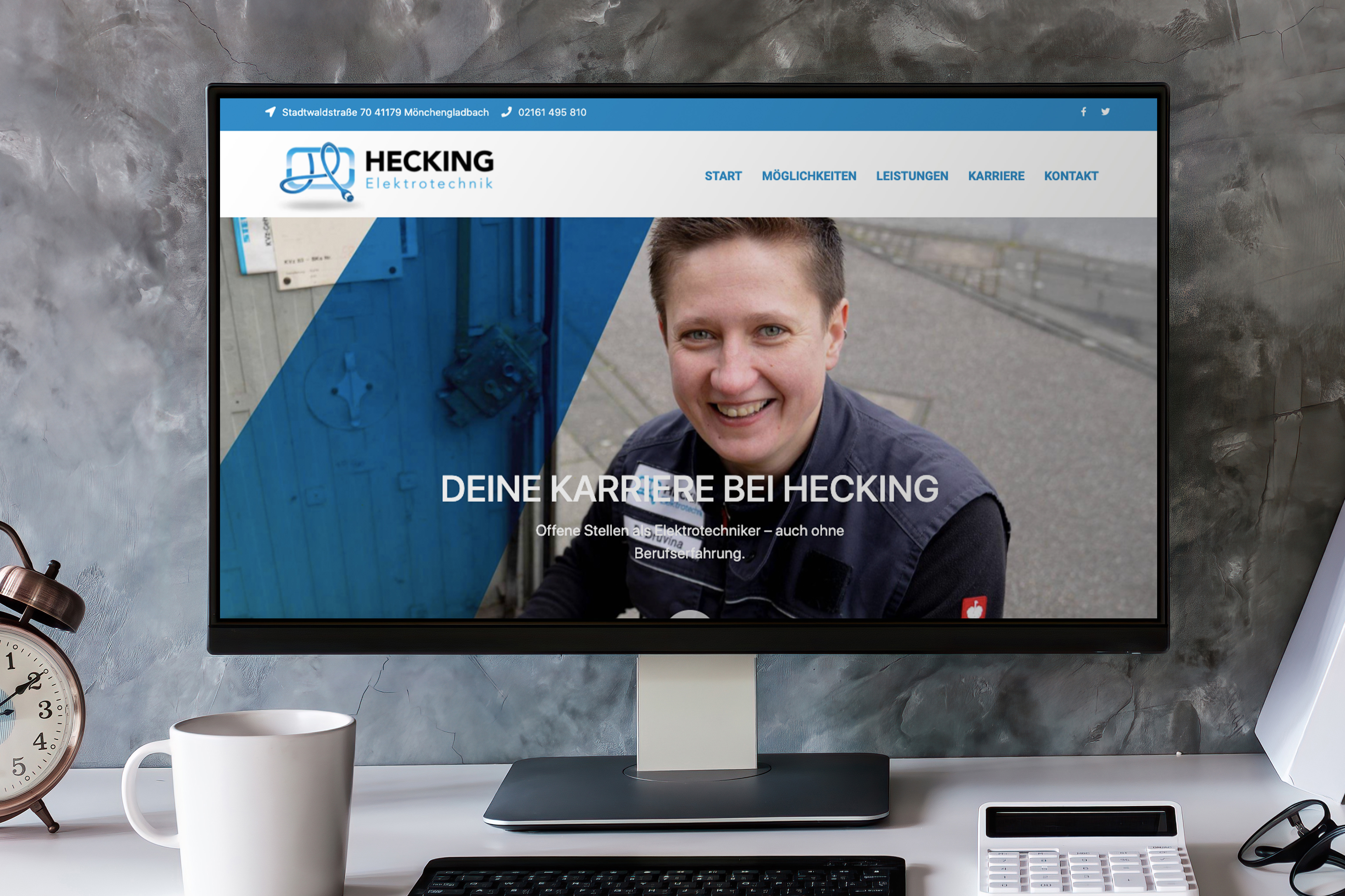 Ein Pc auf dem die Karriere Webseite des Unternehmens Hecking Elektrotechnik gezeigt wird  - Mitarbeiter finden Handwerk, begleitet von der Meisterstück Agency aus Köln