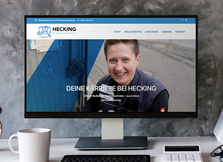 Ein Pc auf dem die Karriere Webseite des Unternehmens Hecking Elektrotechnik gezeigt wird  - Mitarbeiter finden Handwerk, begleitet von der Meisterstück Agency aus Köln
