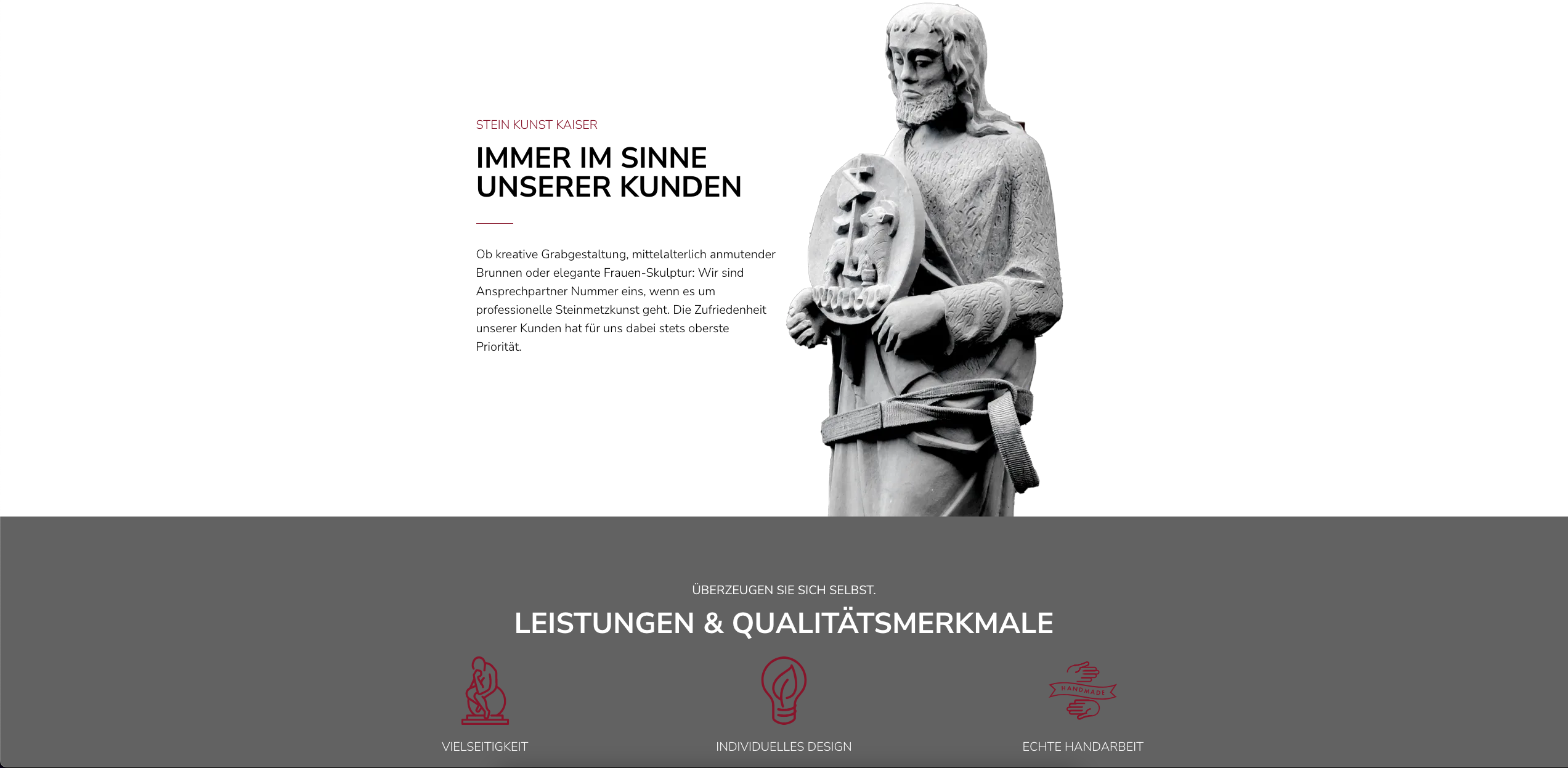 "Immer im Sinne unseres Kunden", Website Ansicht des Unternehmens Stein Kunst Kaiser - Handwerker Website von der Meisterstück Agency aus Köln