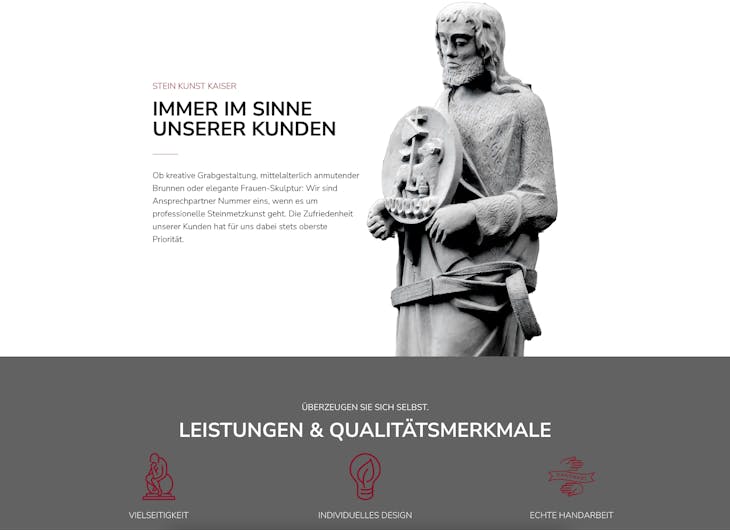 "Immer im Sinne unseres Kunden", Website Ansicht des Unternehmens Stein Kunst Kaiser - Handwerker Website von der Meisterstück Agency aus Köln