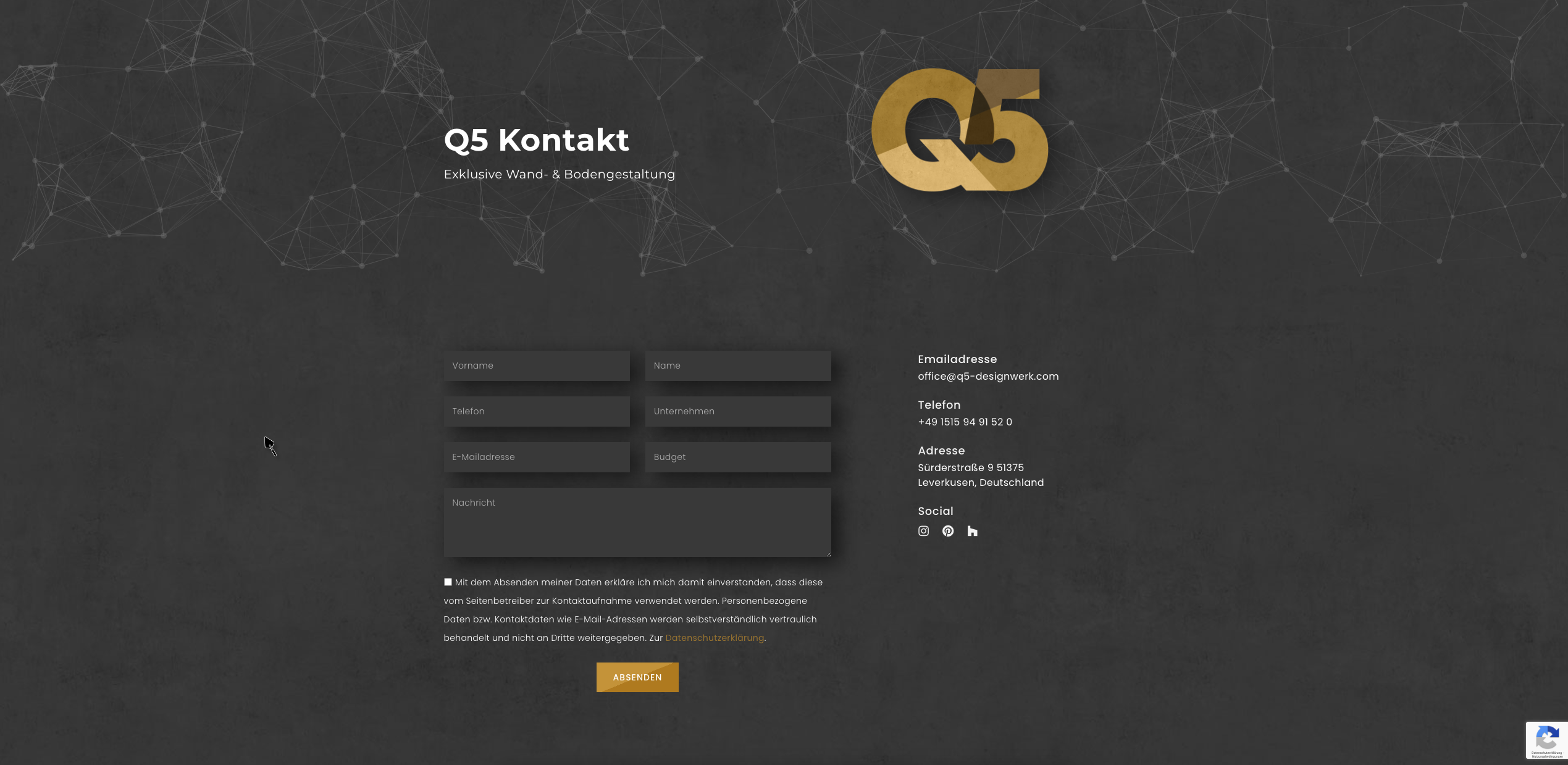  Gold/Schwarz gestaltetes Kontaktformular des Unternehmens Q5 - Werbemittel Handwerk, von der Meisterstück Agency aus Köln