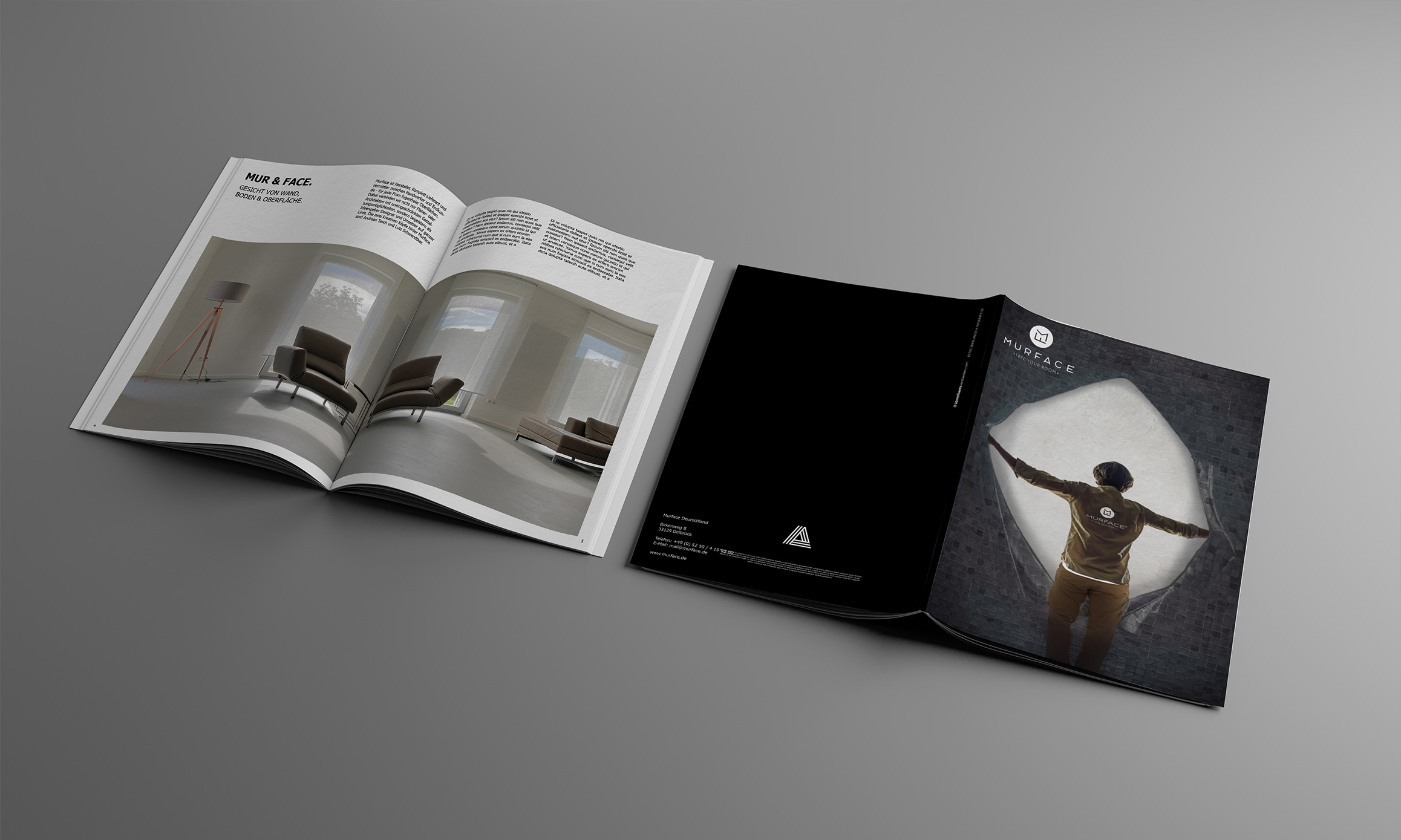 Ein aufgeschlagenes Murface Magazin (Links) und eine Cover Ansicht des Murface Magazins (Rechts) - Digitalisierung Handwerk von der Meisterstück Agency aus Köln.