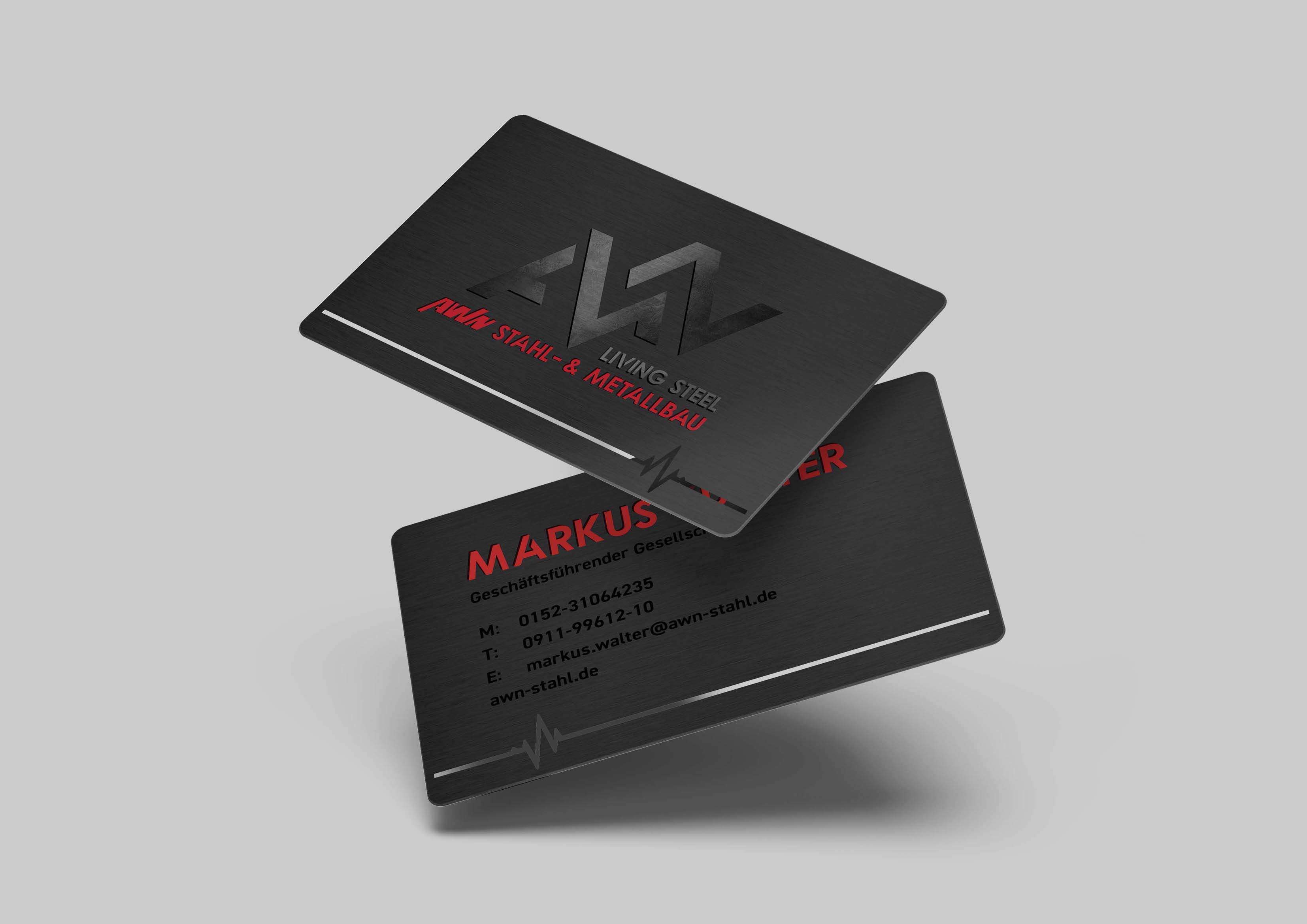 Visitenkarten-design mit dem Motiv der AWN in Schwarz/Rot -  Digitales Handwerk von der Meisterstück Agency aus Köln