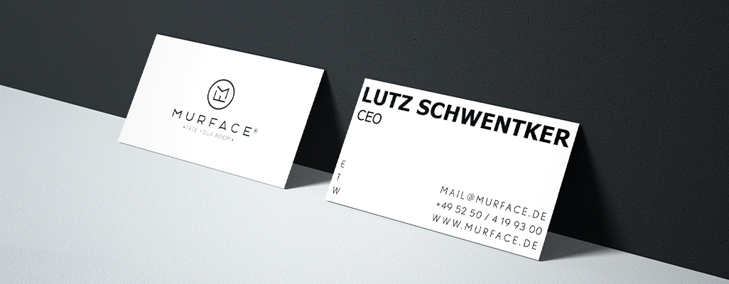 Visitenkarte in Weiß, des Unternehmens Murface - Digitalisierung Handwerk von der Meisterstück Agency aus Köln.