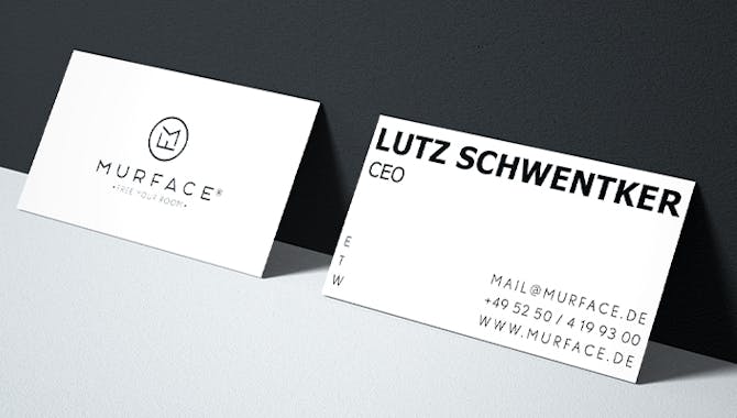 Visitenkarte in Weiß, des Unternehmens Murface - Digitalisierung Handwerk von der Meisterstück Agency aus Köln.