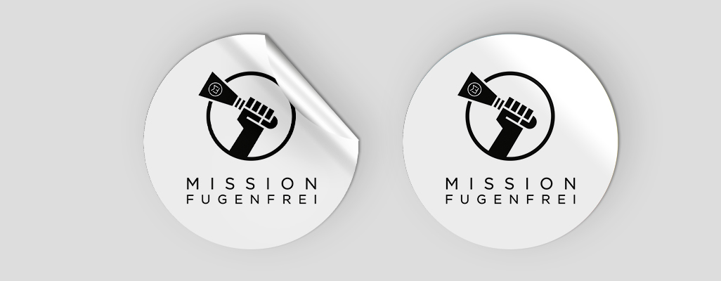 Sticker mit dem Claim "Mission Fugenfrei" des Unternehmens Murface - Digitalisierung Handwerk von der Meisterstück Agency aus Köln.