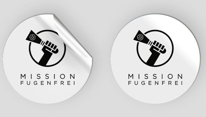 Sticker mit dem Claim "Mission Fugenfrei" des Unternehmens Murface - Digitalisierung Handwerk von der Meisterstück Agency aus Köln.