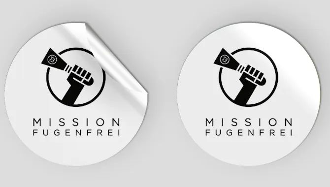 Sticker mit dem Claim "Mission Fugenfrei" des Unternehmens Murface - Digitalisierung Handwerk von der Meisterstück Agency aus Köln.