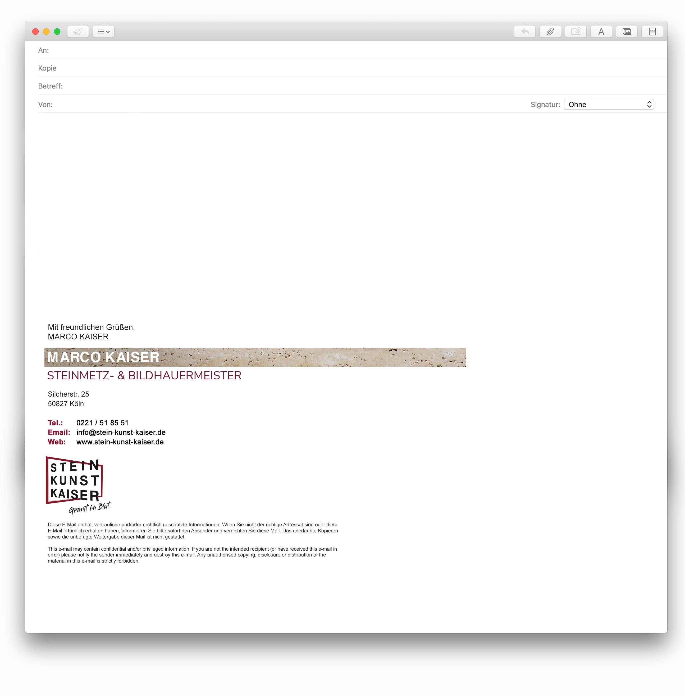 Neu designter E-Mail Footer der Unternehmens Stein Kunst Kaiser - Handwerker Website von der Meisterstück Agency aus Köln
