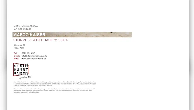 Neu designter E-Mail Footer der Unternehmens Stein Kunst Kaiser - Handwerker Website von der Meisterstück Agency aus Köln