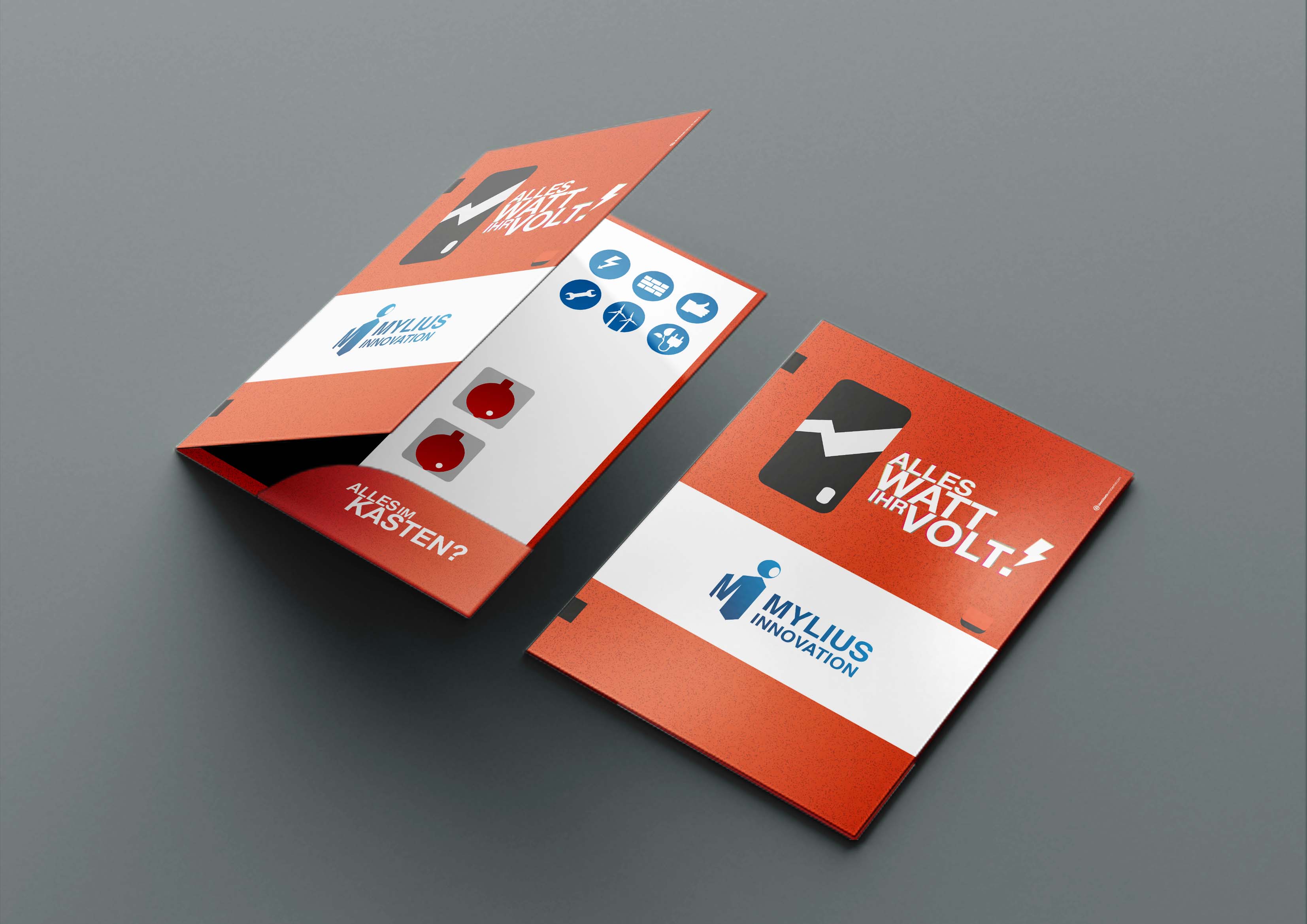 Eine Broschüre des Unternehmens Mylius mit dem Claim "Alles Watt Ihr Volt" - Social-Media Marketing Handwerk, Meisterstück Agency, Köln