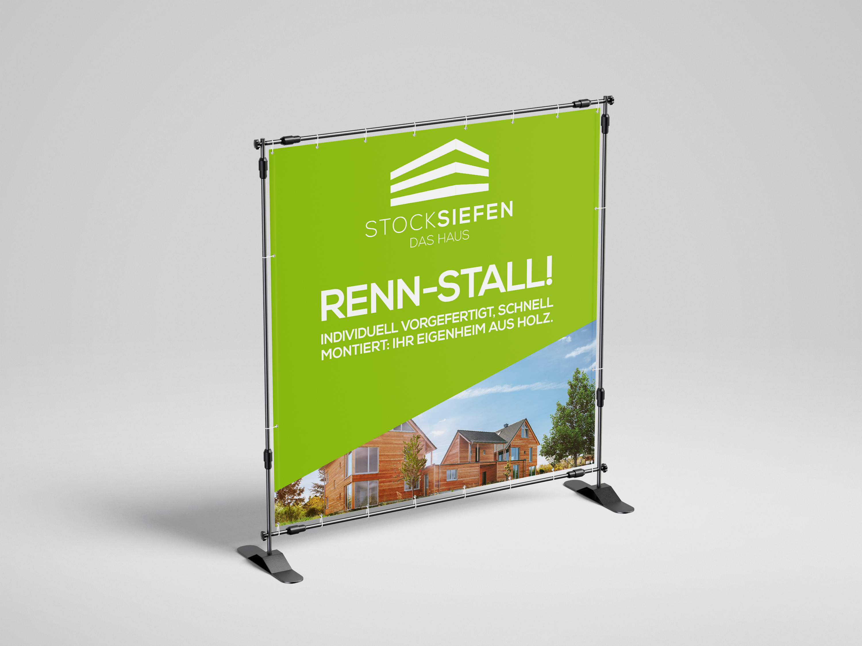 Schilddesign In Grün/Weiß des Unternehmens Stocksiefen mit dem Claim "Renn-Stall" - Handwerk Marketing von der Meisterstück Agency aus Köln..