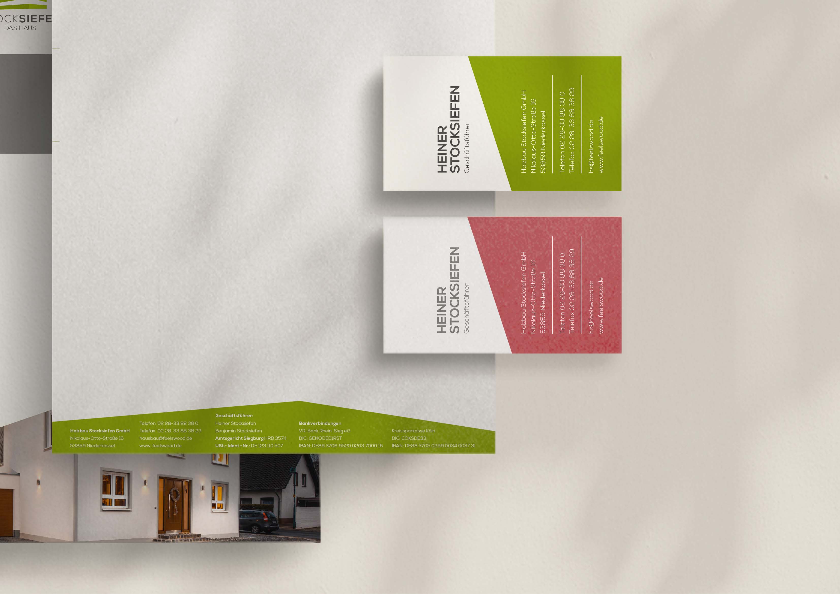 Visitenkarten in Weiß/Rot und Weiß/Grün des Unternehmens Stocksiefen - Handwerk Marketing von der Meisterstück Agency aus Köln.