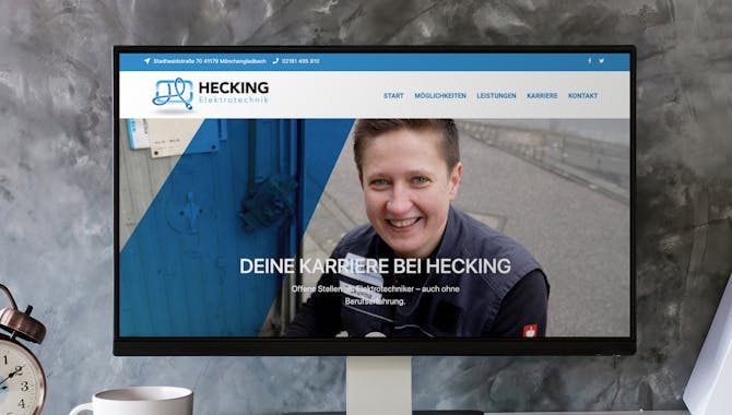 Ein Pc auf dem die Karriere Webseite des Unternehmens Hecking Elektrotechnik gezeigt wird - Mitarbeiter finden Handwerk, begleitet von der Meisterstück Agency aus Köln