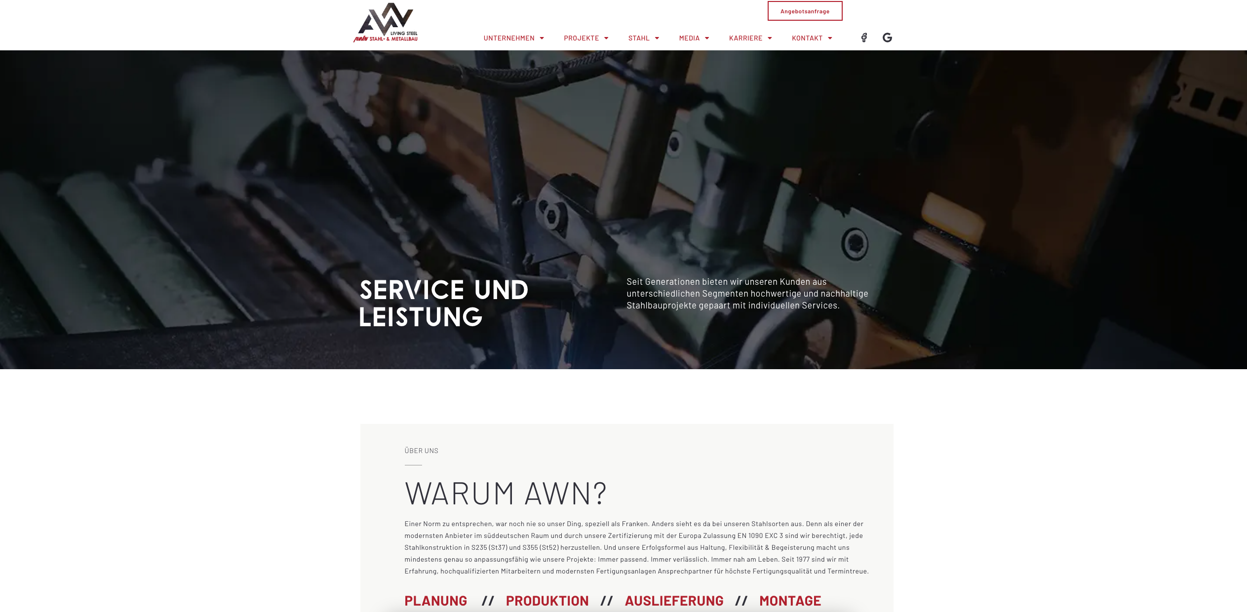 Bildschirmfoto der Website von AWN zu den Service- und Leistungsangeboten -  Digitales Handwerk von der Meisterstück Agency aus Köln