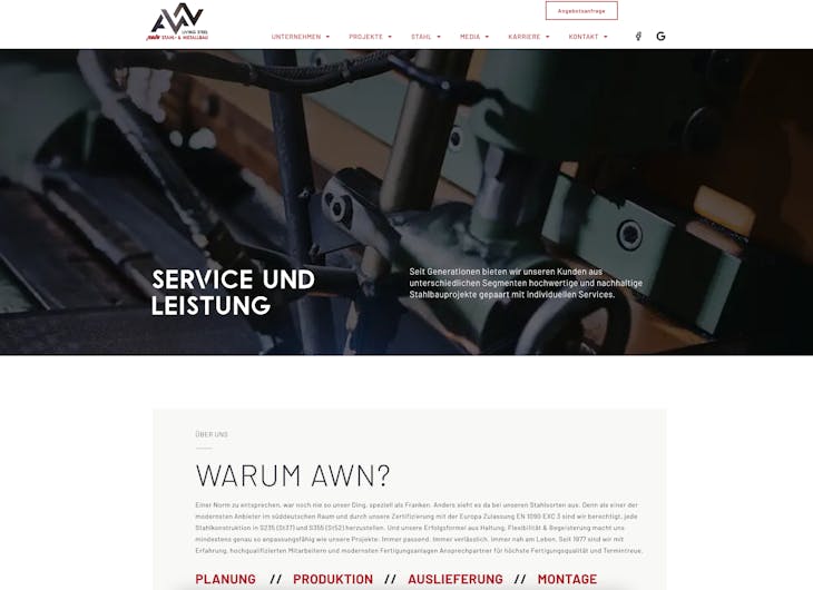 Bildschirmfoto der Website von AWN zu den Service- und Leistungsangeboten -  Digitales Handwerk von der Meisterstück Agency aus Köln