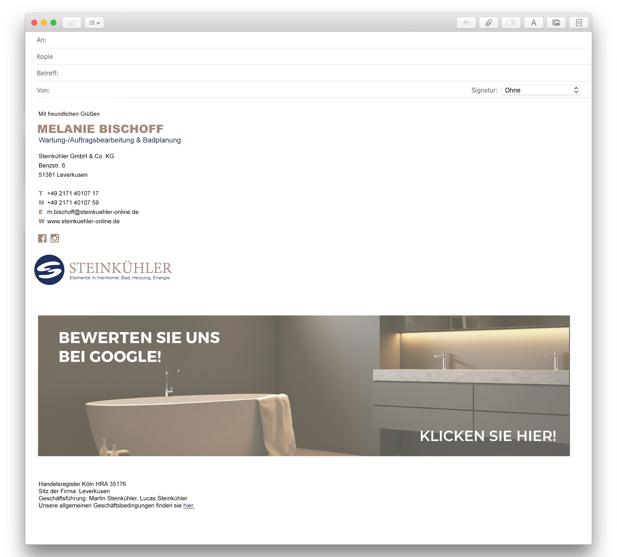 Der neue E-Mail Footer des Unternehmens Steinkühler - Digitalisierung Handwerk von der Meisterstück Agency aus Köln.