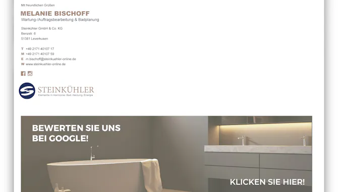 Der neue E-Mail Footer des Unternehmens Steinkühler - Digitalisierung Handwerk von der Meisterstück Agency aus Köln.