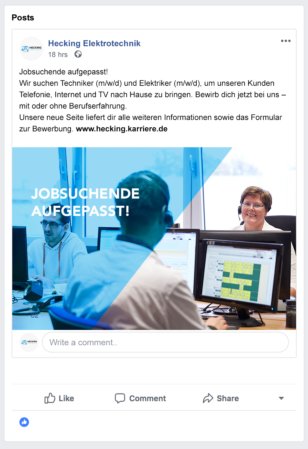 Social-Media Post von Hecking  - Mitarbeiter finden Handwerk, begleitet von der Meisterstück Agency aus Köln