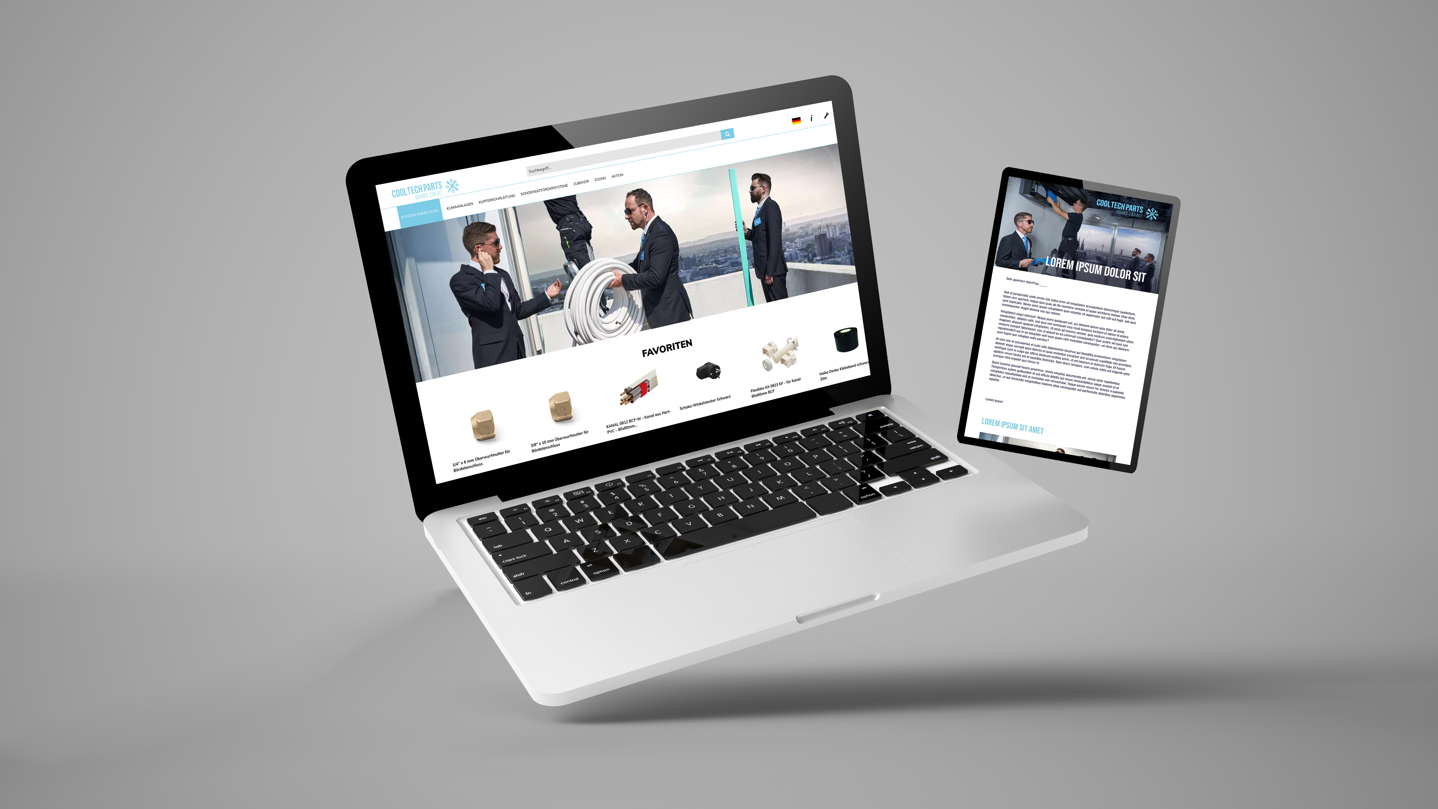 Website Präsentation zu den Produkten von Cool Tech Parts auf einem Laptop und einem Tablet - Digitalisierung im Handwerk, von der Meisterstück Agency aus Köln