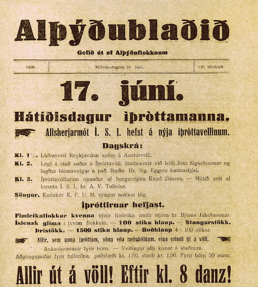 Hér má sjá nær heilsíðu auglýsingu á forsíðu Alþýðublaðsins 16. júlí 1926, um opnun Melavallarins. Það var boðið upp á dans um kvöldið á vellinum!