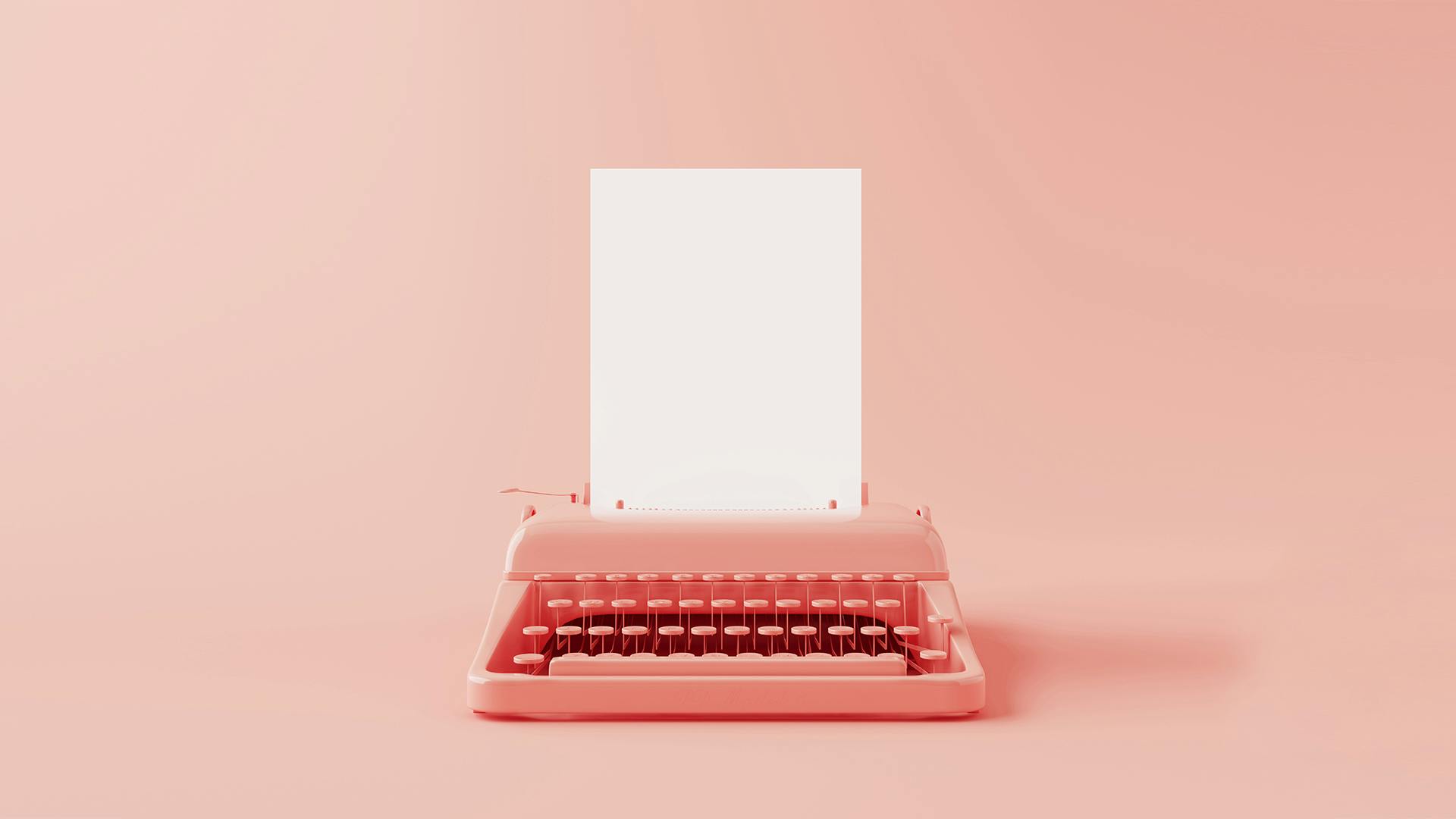 A pink typewriter in the center of the image with a blank white piece of paper sticking out of the top. When writing a story, every storyteller begins with an empty blank piece of paper, and this blog post describes the process of the art of storytelling.