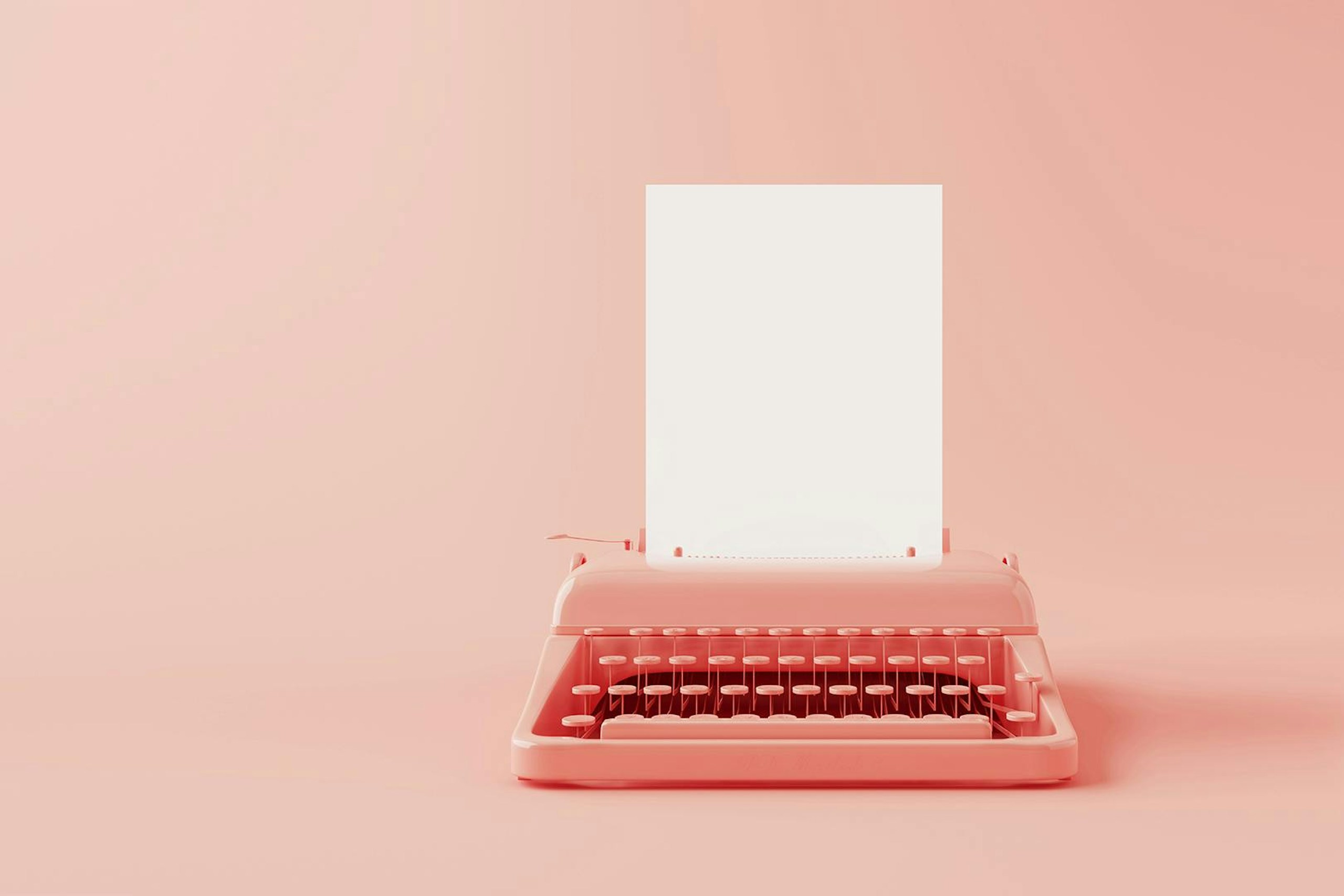 A pink typewriter in the center of the image with a blank white piece of paper sticking out of the top. When writing a story, every storyteller begins with an empty blank piece of paper, and this blog post describes the process of the art of storytelling.