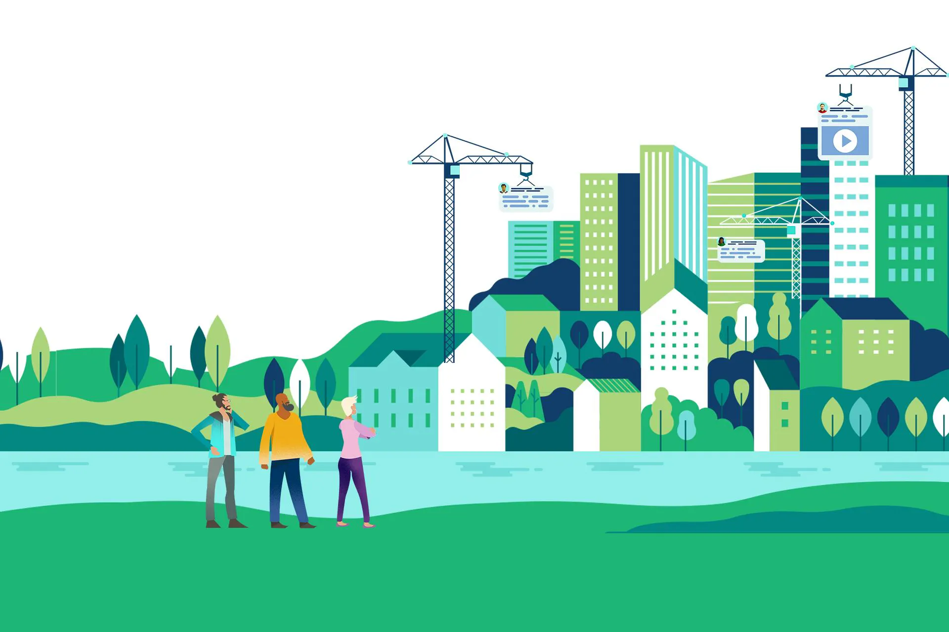 Comic Image of three people standing in front of a river with a city on the other side that is being built