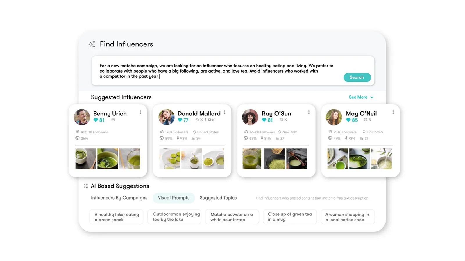 Meltwater influencer search tool product screen showing AI interface