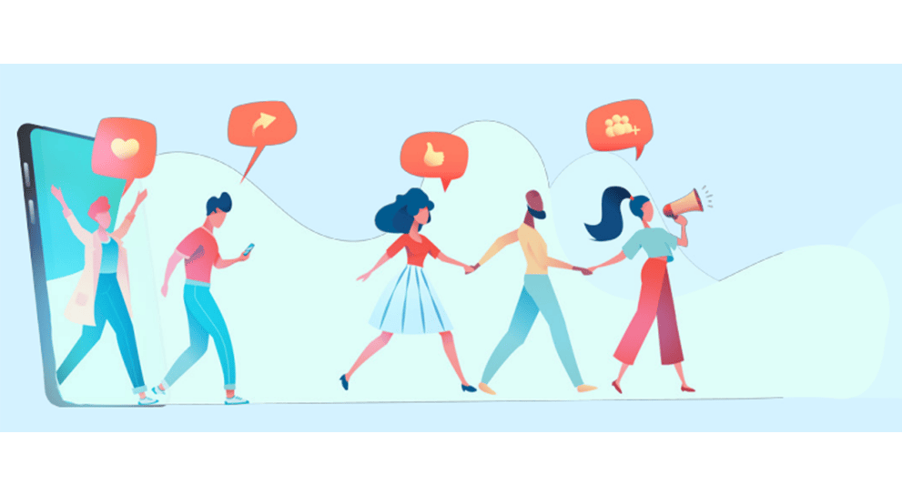 Illustration von Menschen, die aus einem Smartphone laufen mit Megafon. Influencer Marketing Trend.