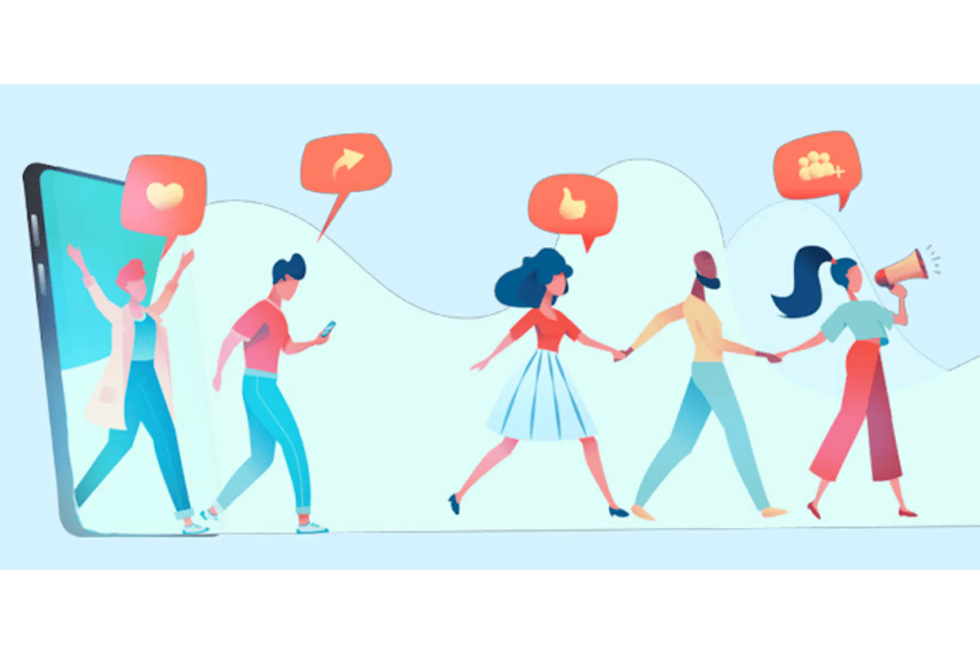 Illustration von Menschen, die aus einem Smartphone laufen mit Megafon. Influencer Marketing Trend.