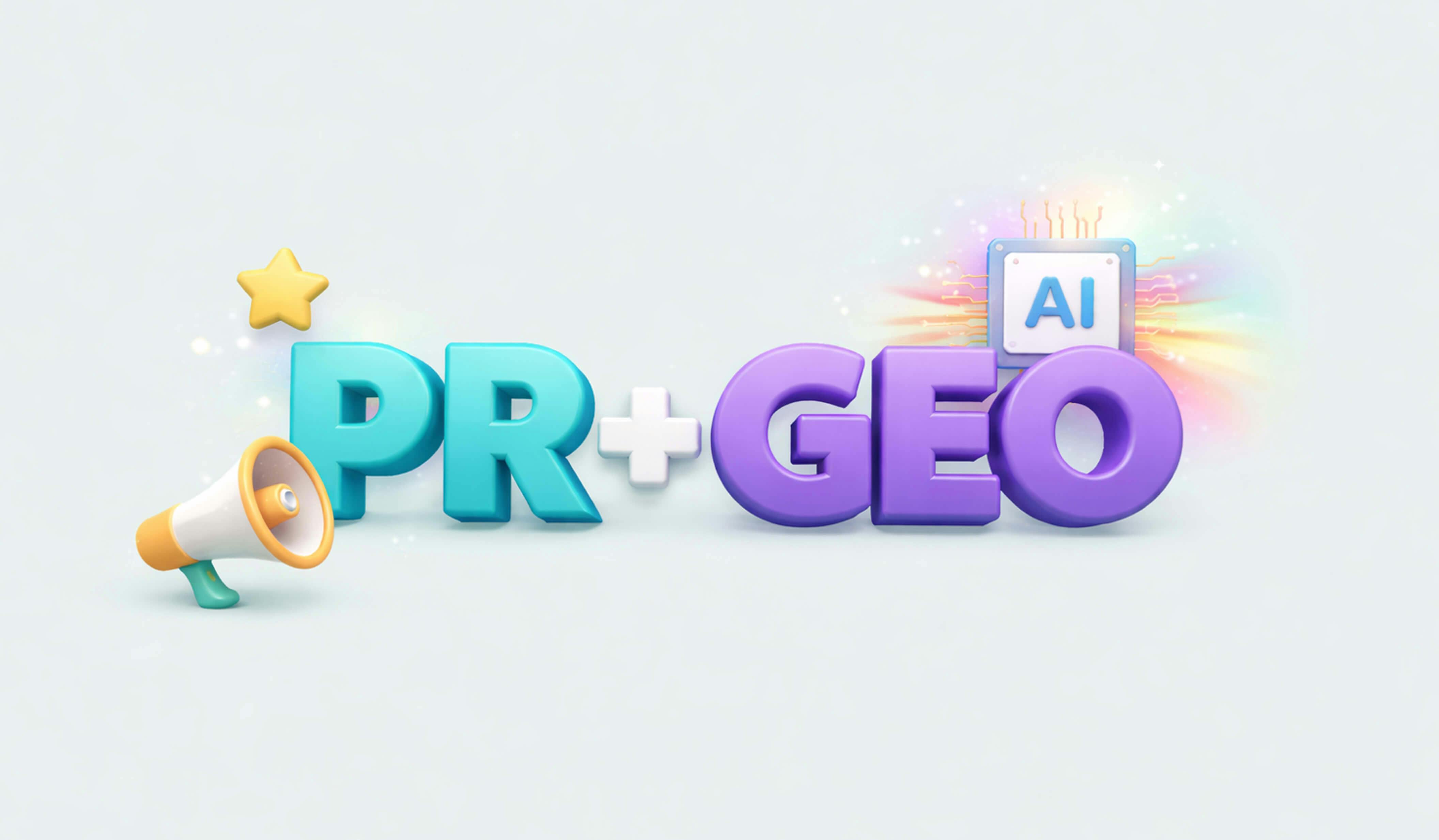 An image with the phrase PR plus (using a plus sign) GEO, on a plain background. The word PR is blue has a gold star above and a megaphone to the left, the word GEO is purple and has the term AI floating above the O, with a multi-colored burst of color. Blog post for GEO strategy for PR