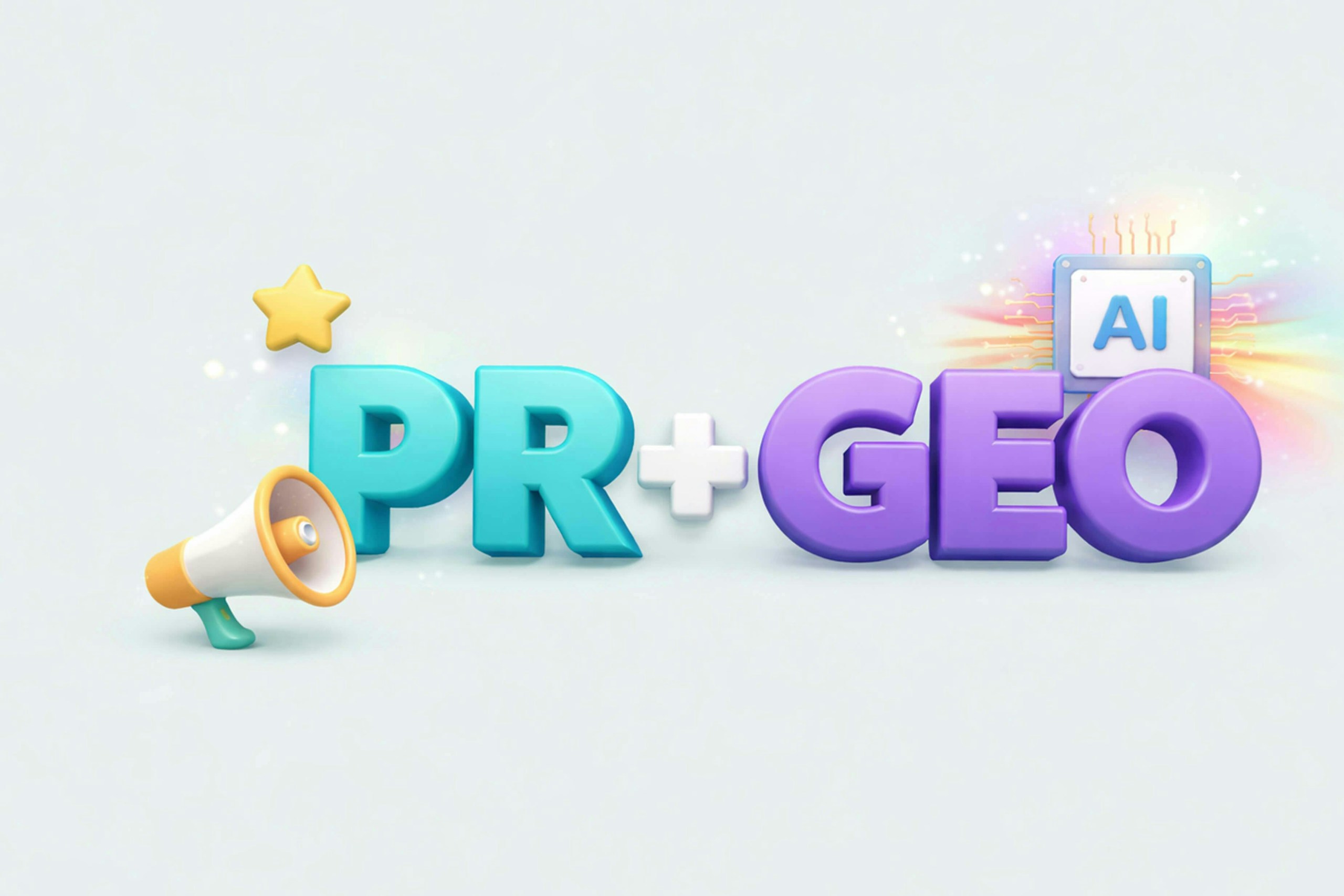 An image with the phrase PR plus (using a plus sign) GEO, on a plain background. The word PR is blue has a gold star above and a megaphone to the left, the word GEO is purple and has the term AI floating above the O, with a multi-colored burst of color. Blog post for GEO strategy for PR