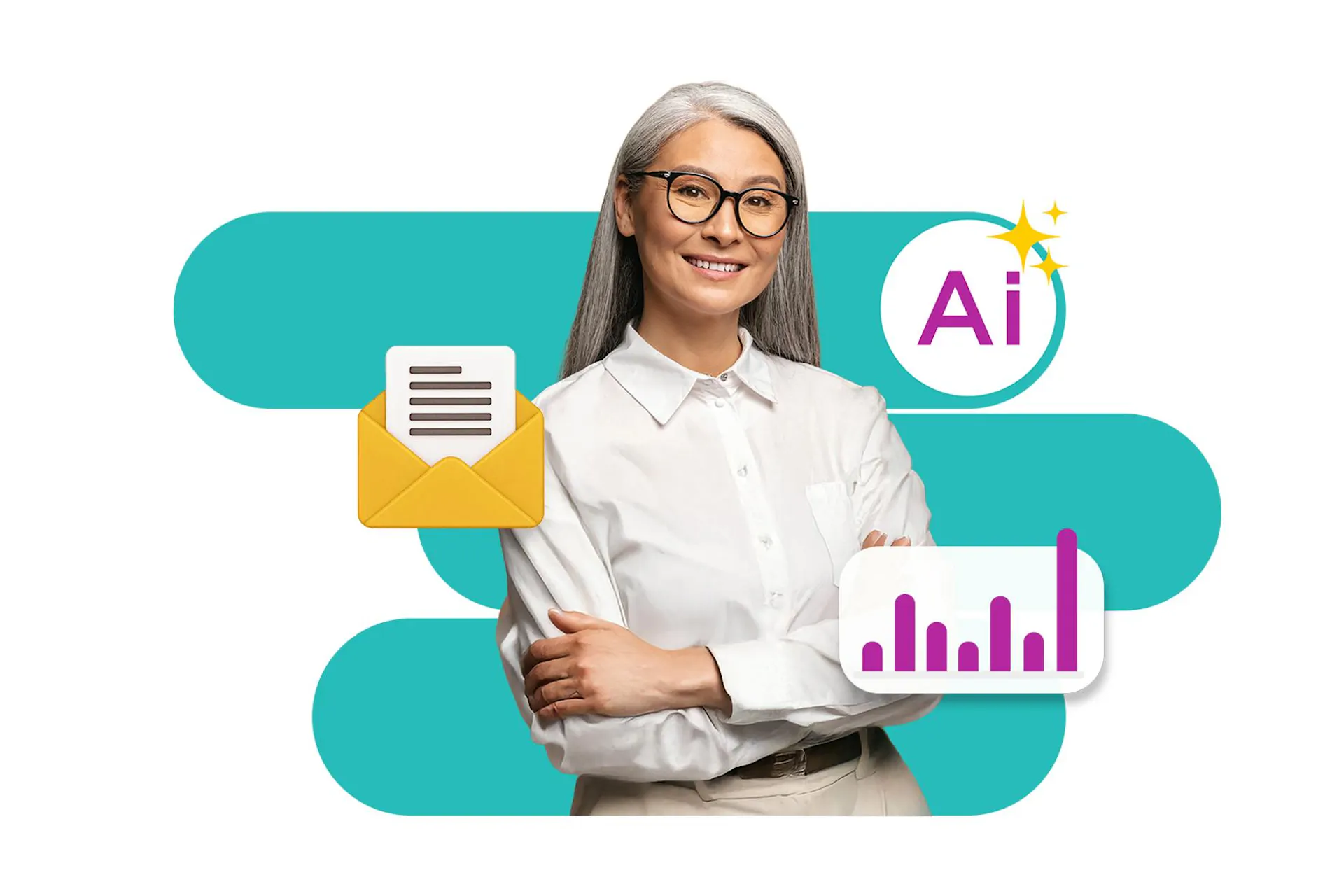 Woman crossing her arms with charts around her.