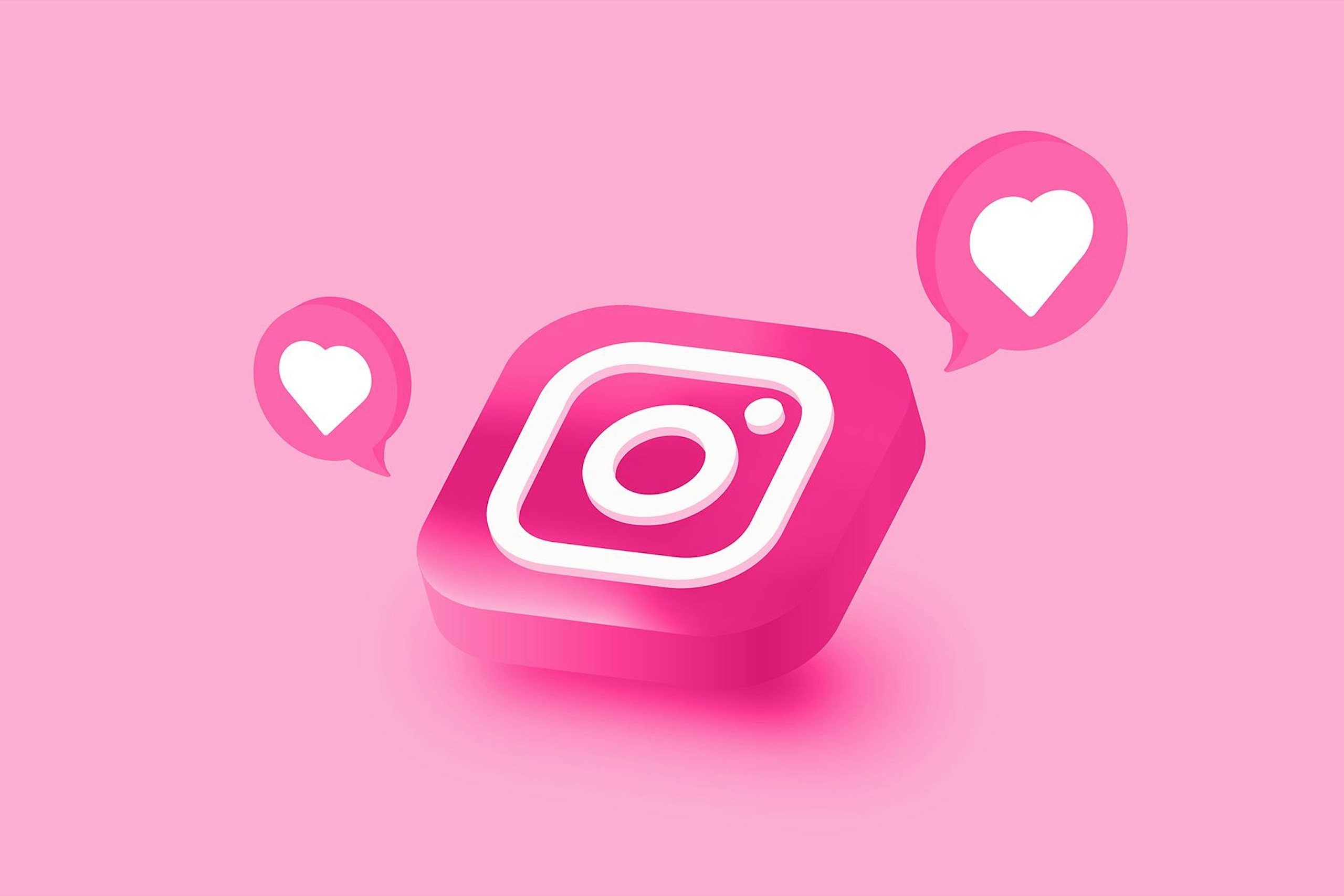 illustration of the instagram logo on a pink background surrounded by "like" heart icons representing social media comments