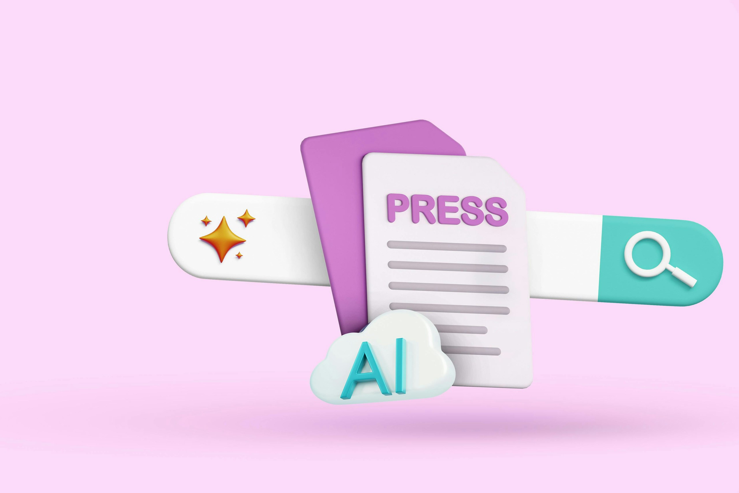 The letters AI within a cloud against a press release and a search bar