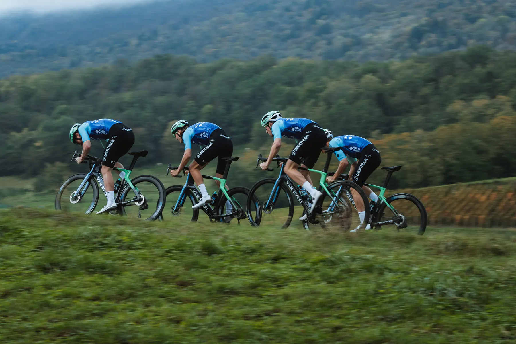 Four cyclists riding Van Rysel bikes through a green, wooded landscape.