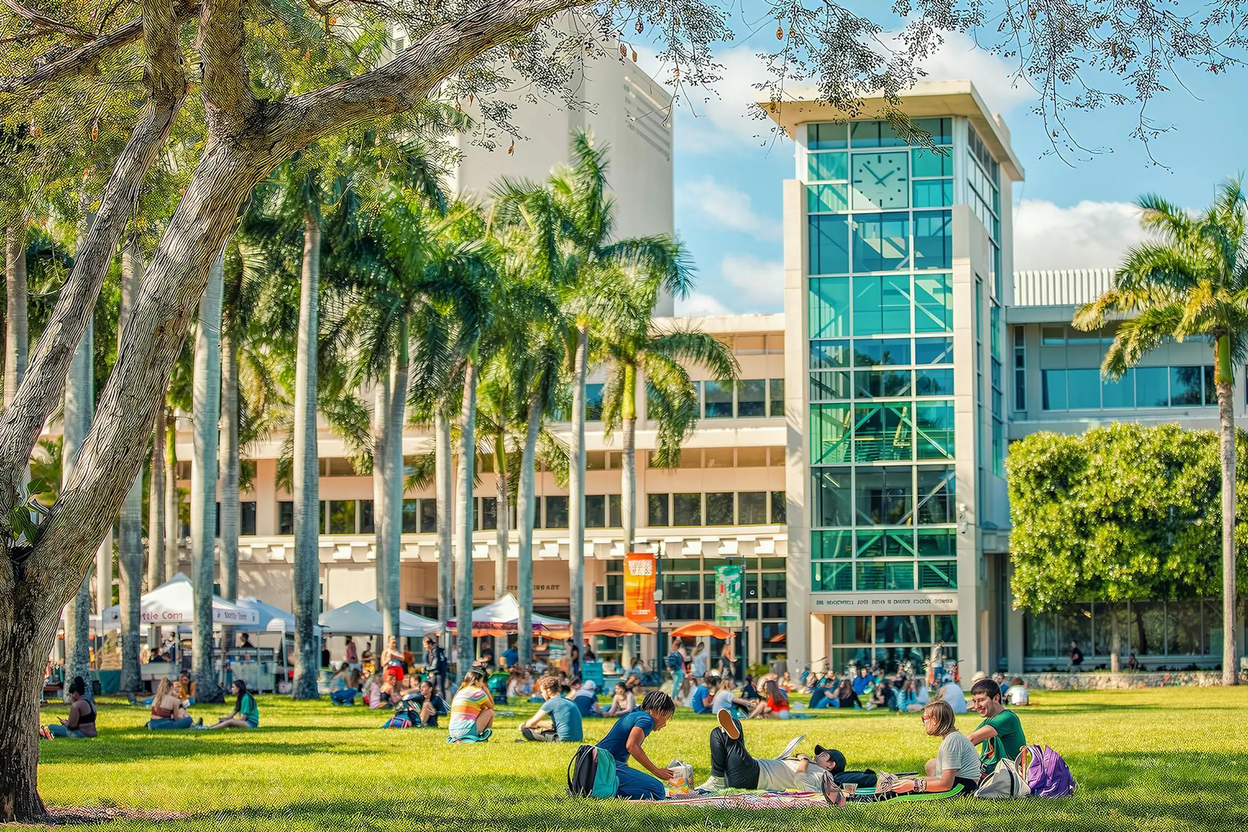 A photo of showing palm trees, students on a lawn, and a tall glass building on the University of Miami campus