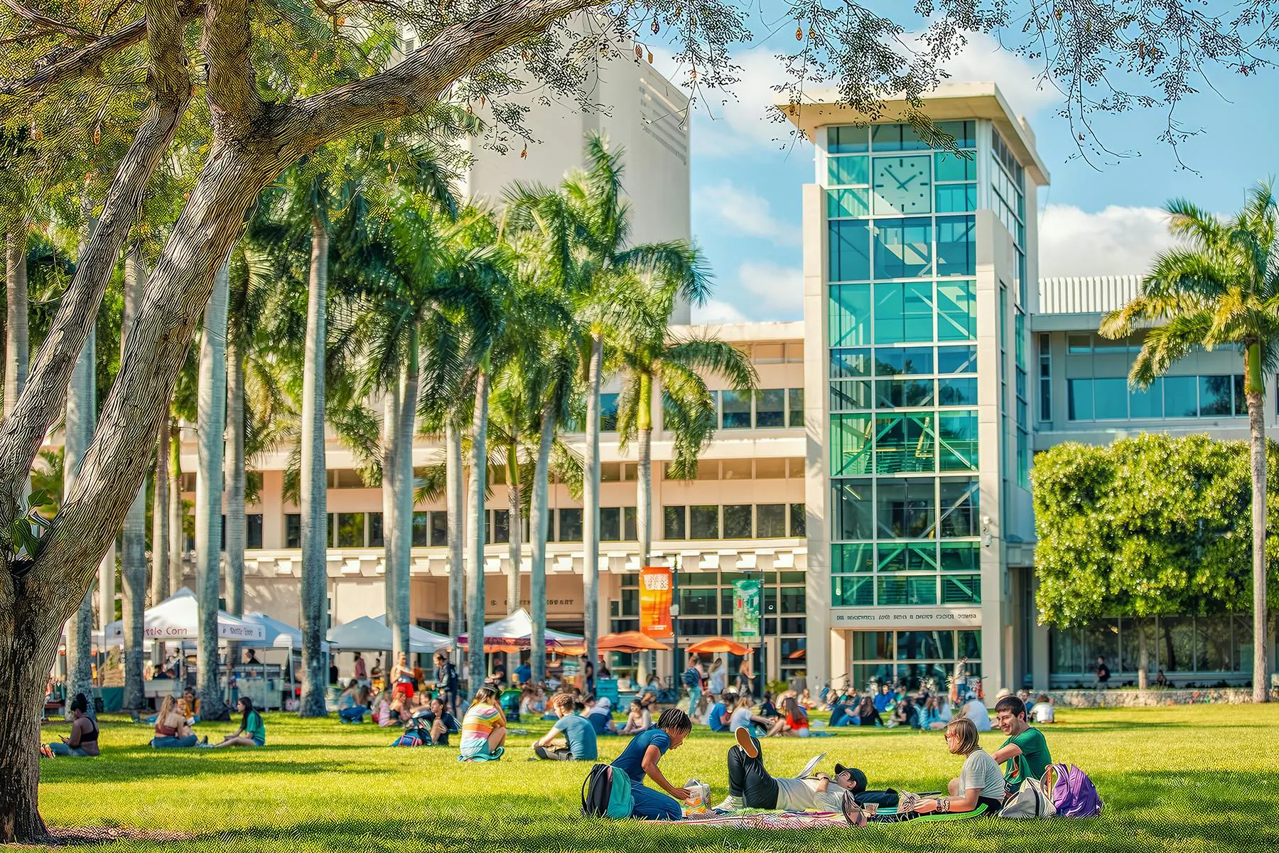 A photo of showing palm trees, students on a lawn, and a tall glass building on the University of Miami campus