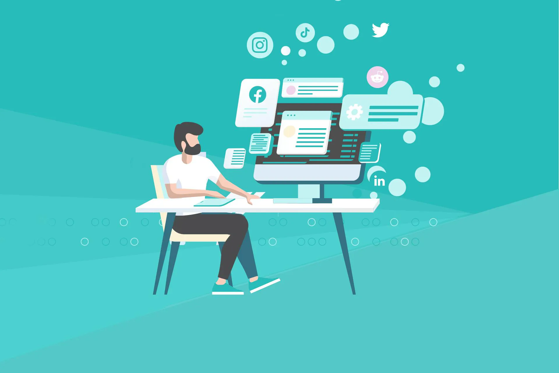 An illustration of a man sitting at his desk performing a social media audit. There are numerous chat boxes and social media logos hovering above his screen.