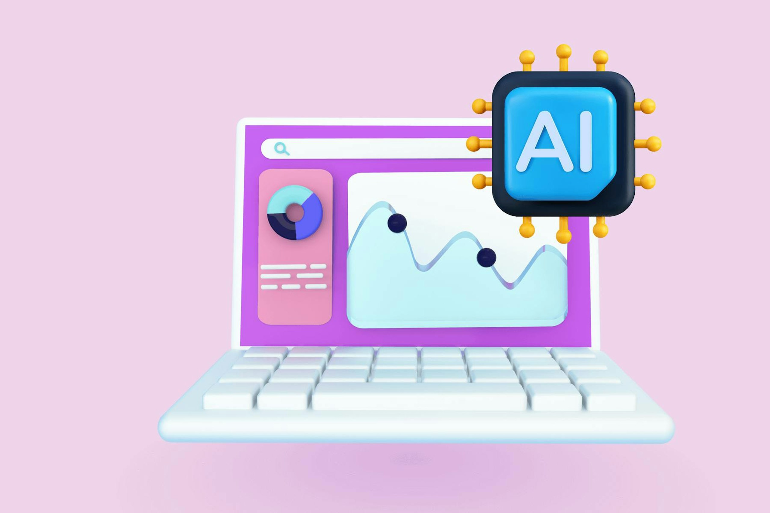 illustration of a laptop with charts and an AI computer chip representing how AI in social listening and monitoring works