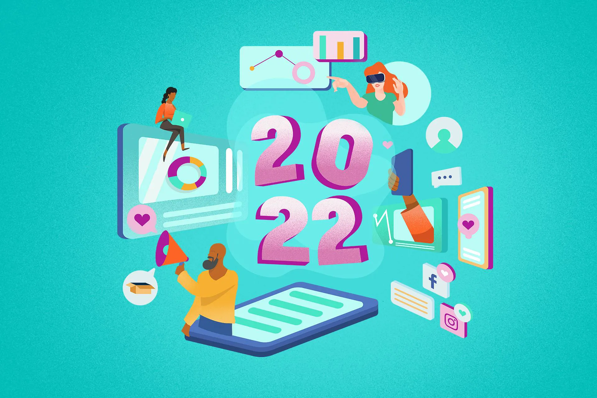 An illustrated image of an imaginary digital world where cartoon people are popping out of several screens. The people are interacting with icons representing some of the biggest marketing trends of 2022, like AR, VR and social media.