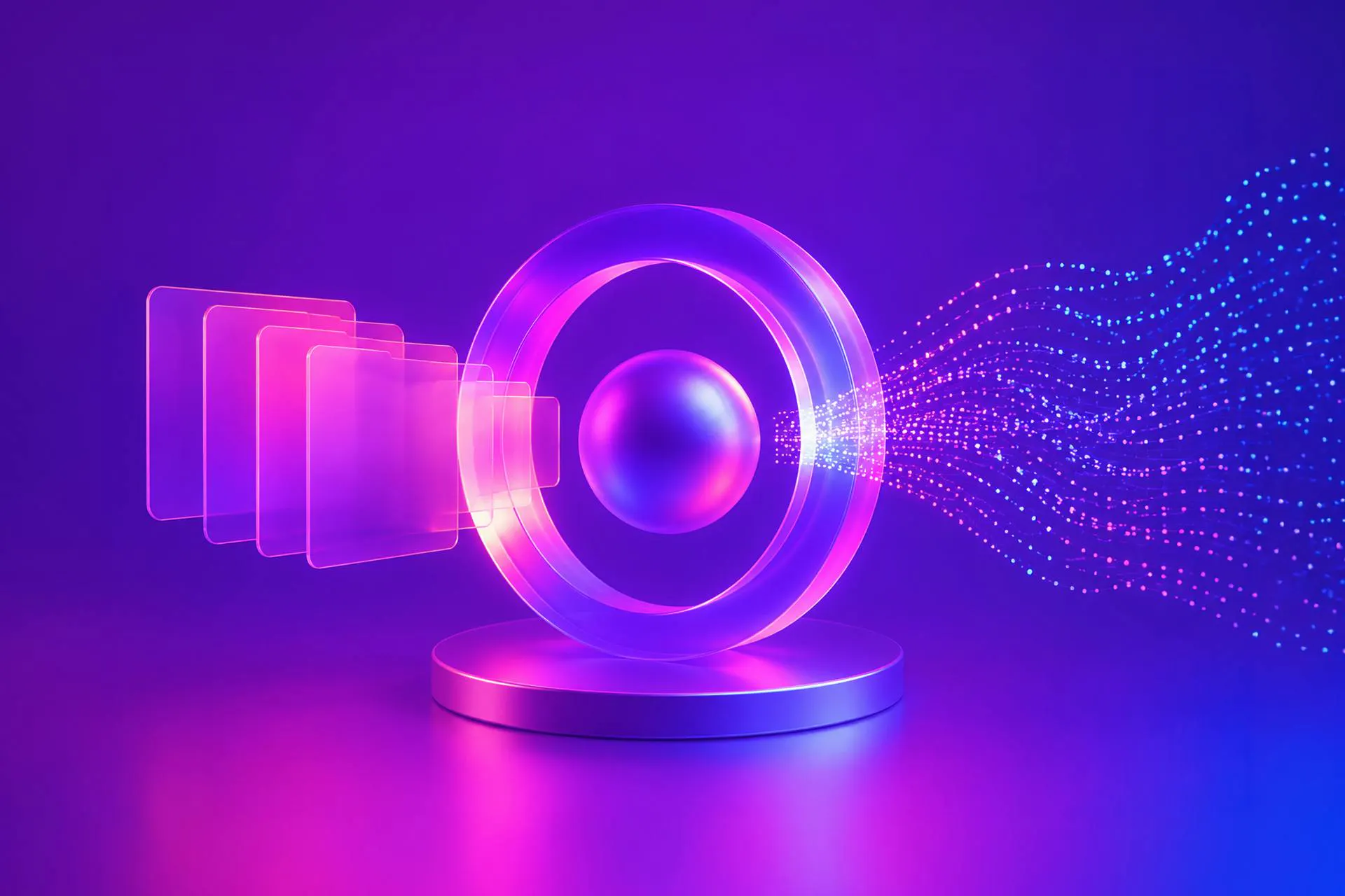 An image of a brightly colored pink and purple three dimensional ring with a pink and purple orb floating in the middle. To the left of the ring are thin transparent pink square tiles in descending size from left to right, entering the left side of the ring. Out of the right side of the ring are delicate glowing strands. The image evokes a speaker and sound waves, and abstractly illustrates that brand management strategies in the age of AI takes many different strategies and technologies 