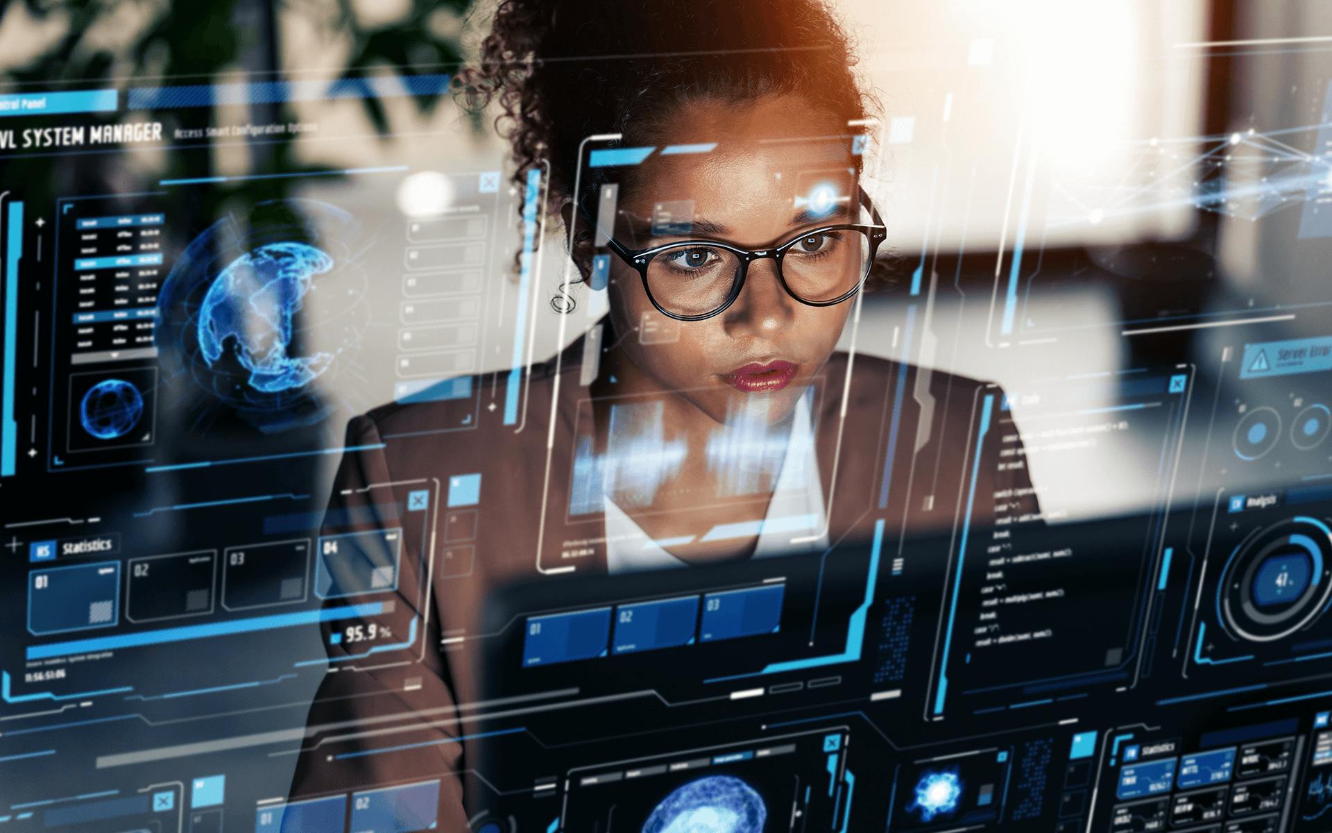 a pr professional scans a screen with different modules representing AI in PR and Communications