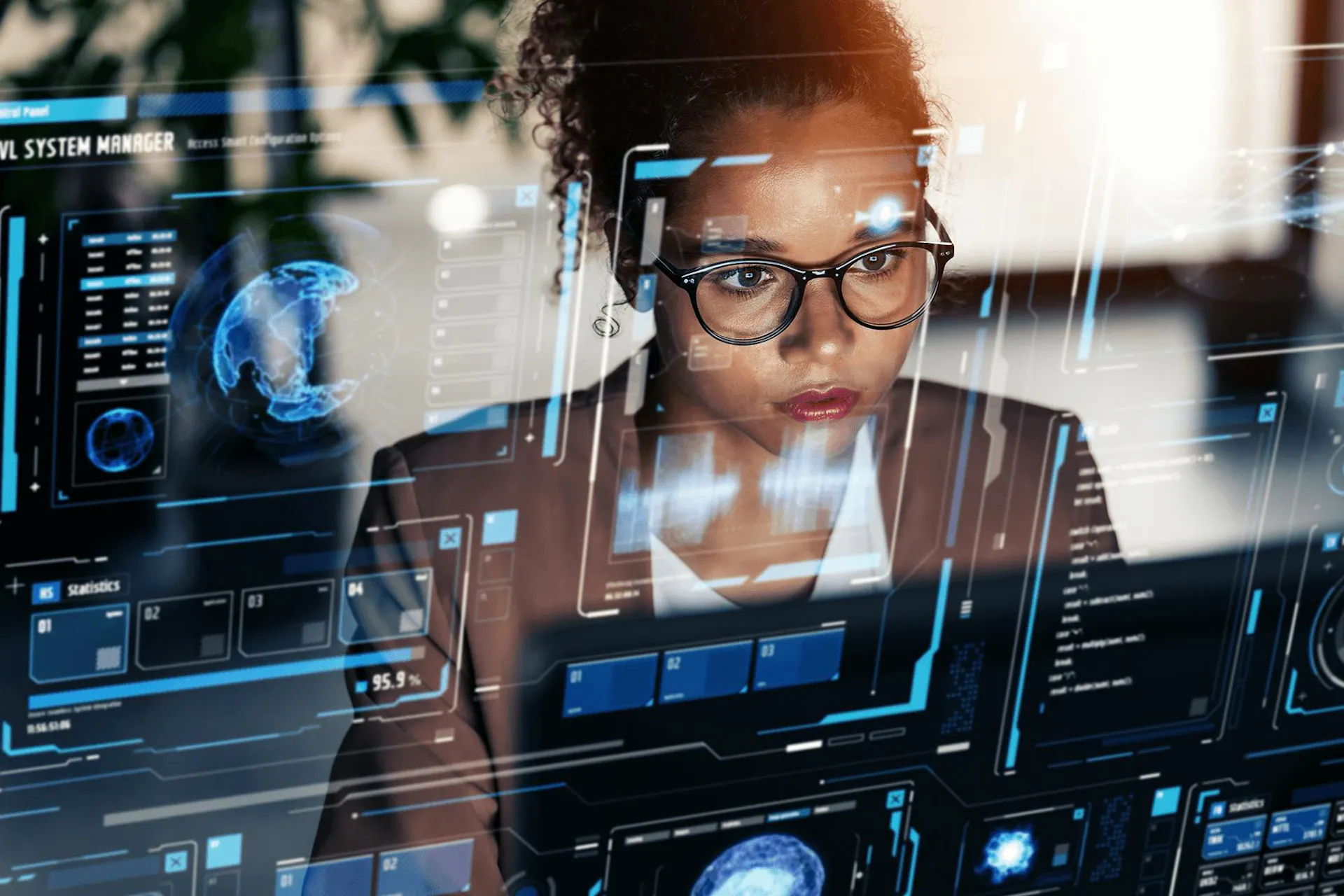 a pr professional scans a screen with different modules representing AI in PR and Communications