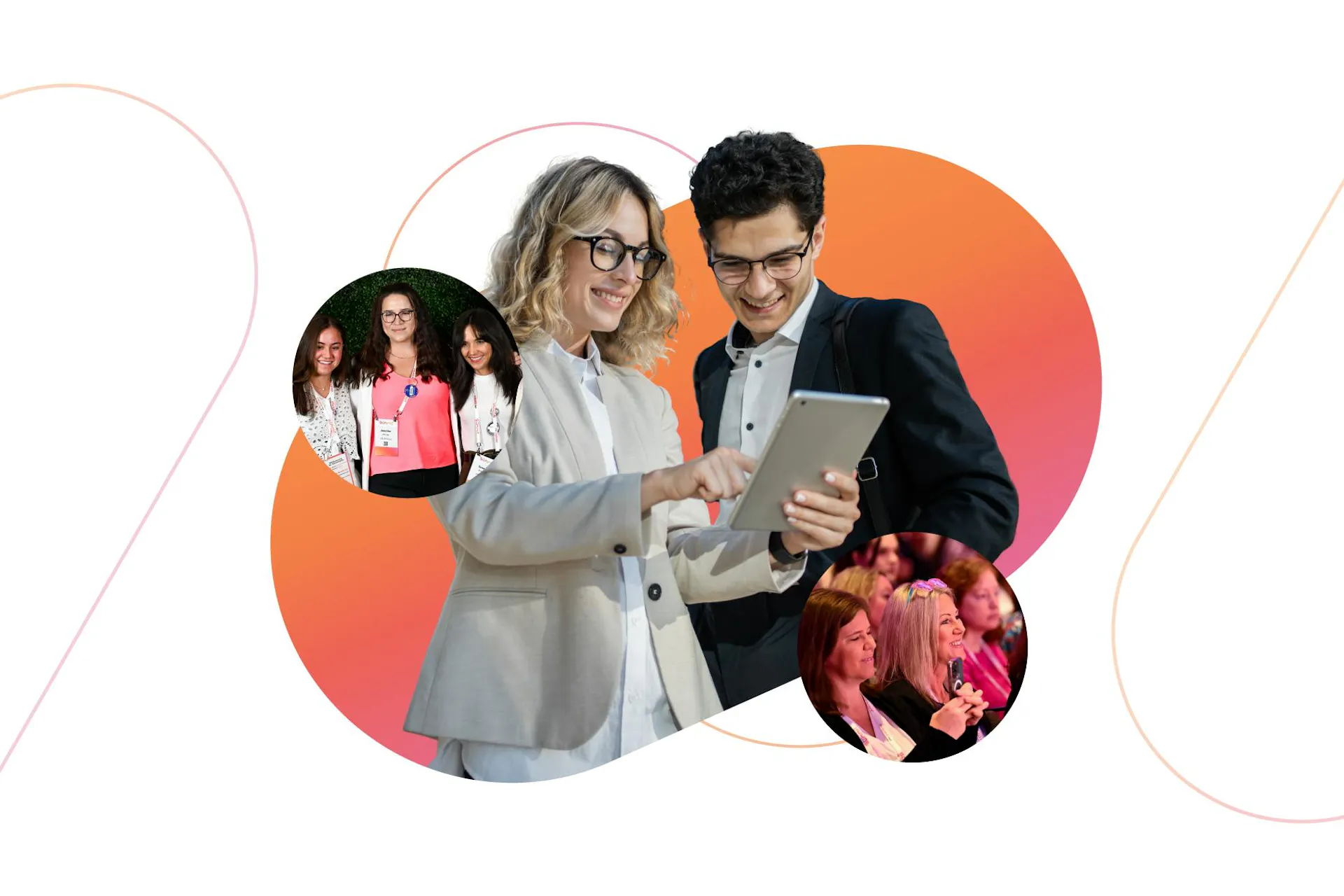 An image of two smiling PR directors looking at an iPad. There are also two small bubbles with images from the Meltwater Summit 2025. Cover image for the Summit PR and Comms playbook.