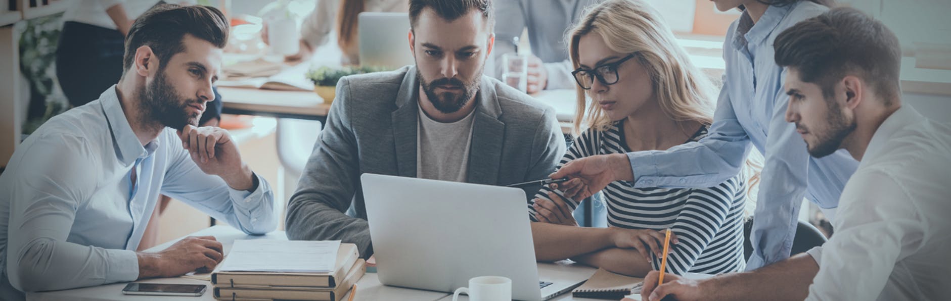 people in a meeting and looking at a laptop screen