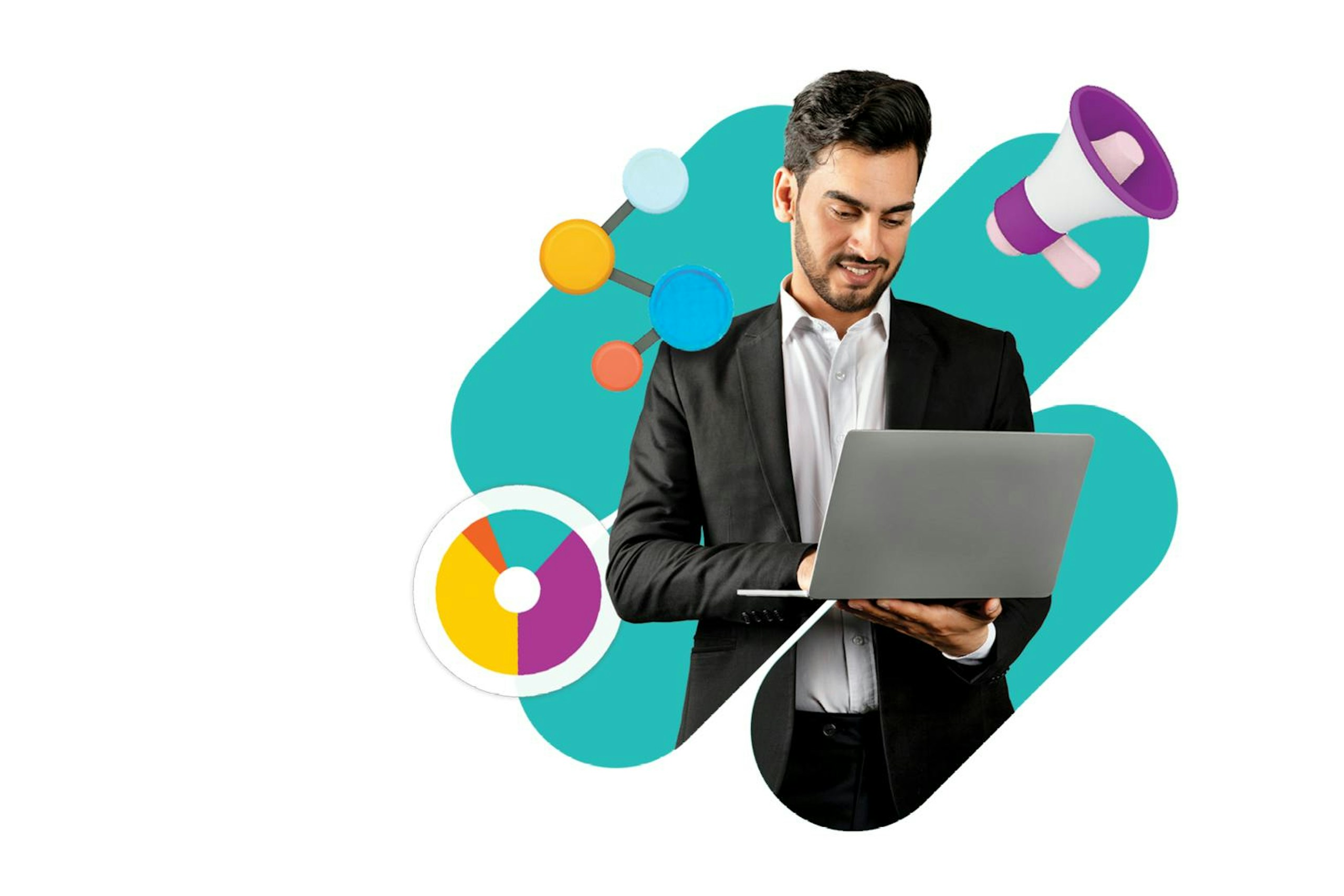 Zu sehen ist ein Mann im Business-Outfit mit Laptop, umgeben von Symbolen für Daten, Analyse und Kommunikation – als Visualisierung moderner, datenbasierter PR.
