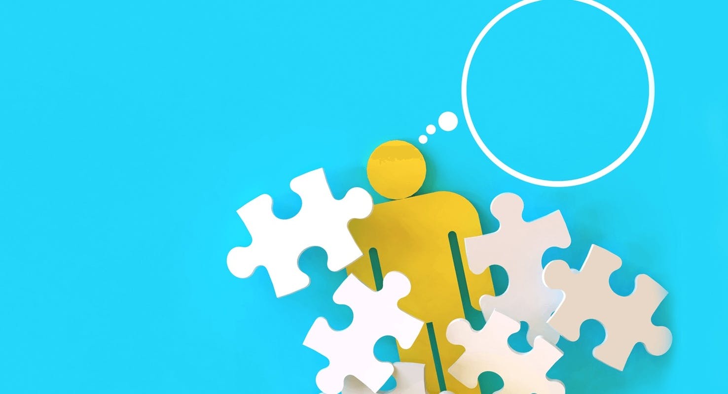 An abstract illustration of a man thinking thoughts while surrounded by blank jigsaw puzzle pieces. 