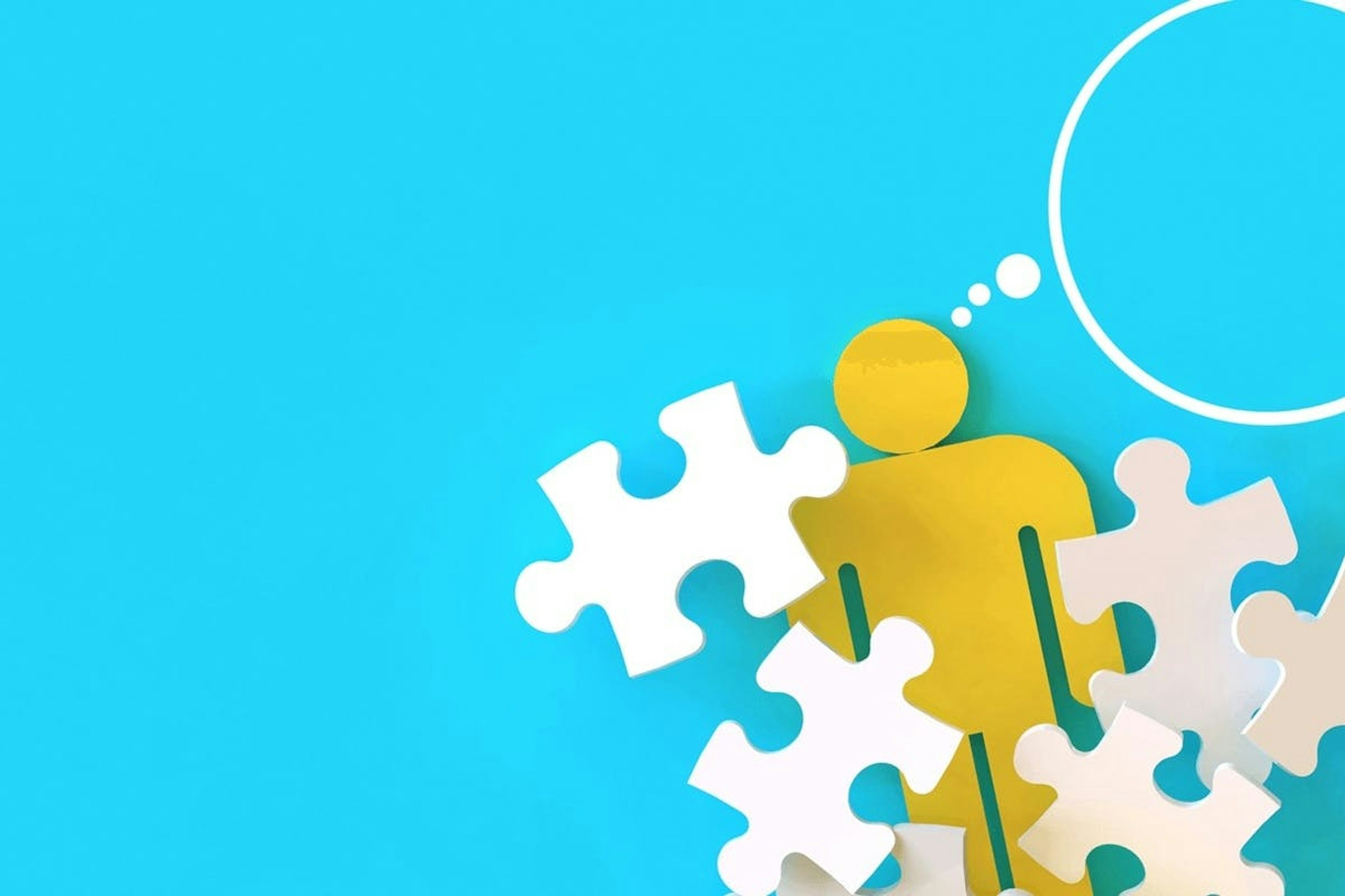 An abstract illustration of a man thinking thoughts while surrounded by blank jigsaw puzzle pieces.